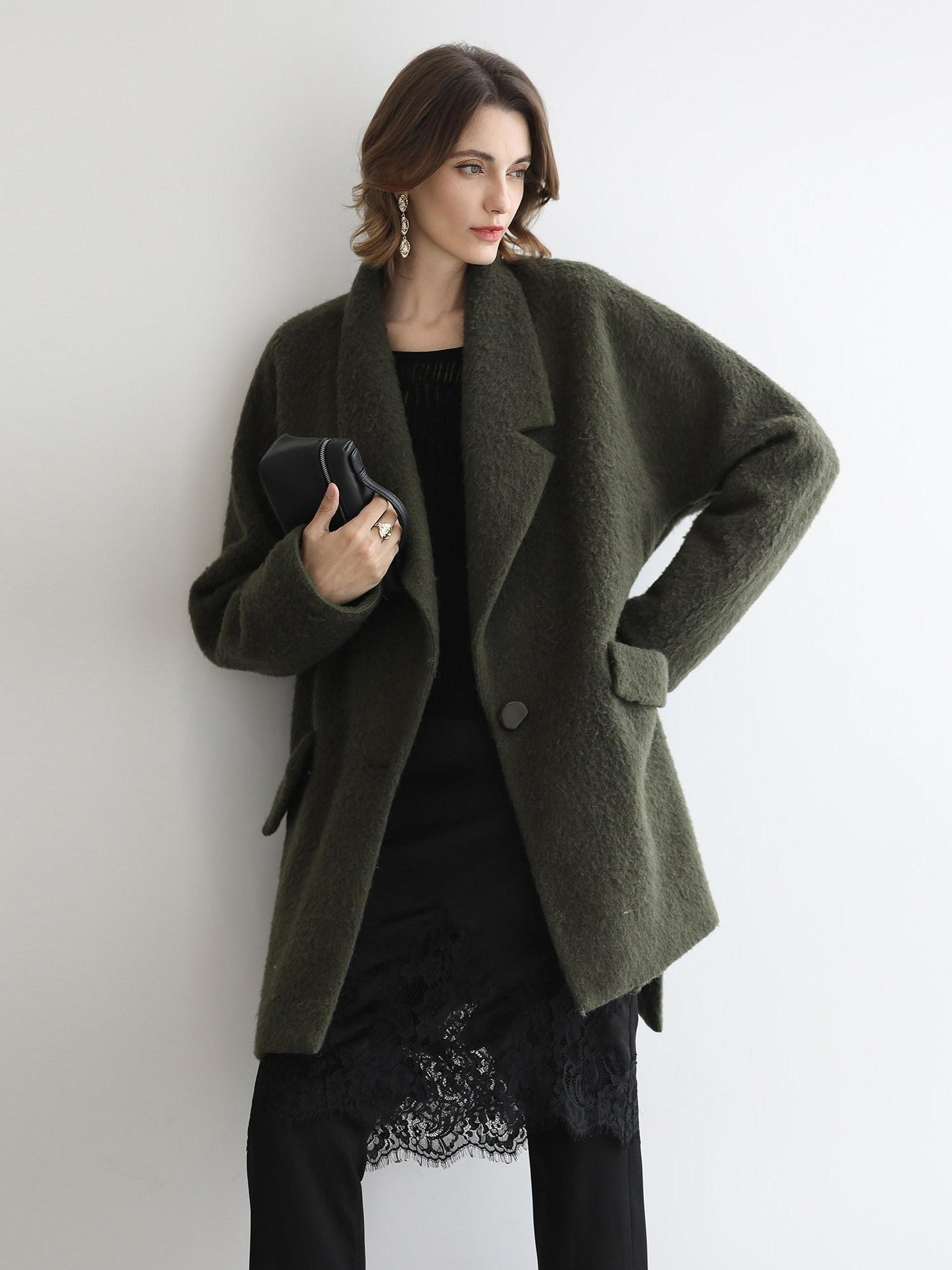 COCOBELLA Wool Blend Belted Overcoat Loose Blazer Midlength Work Seaweed Green Jackets