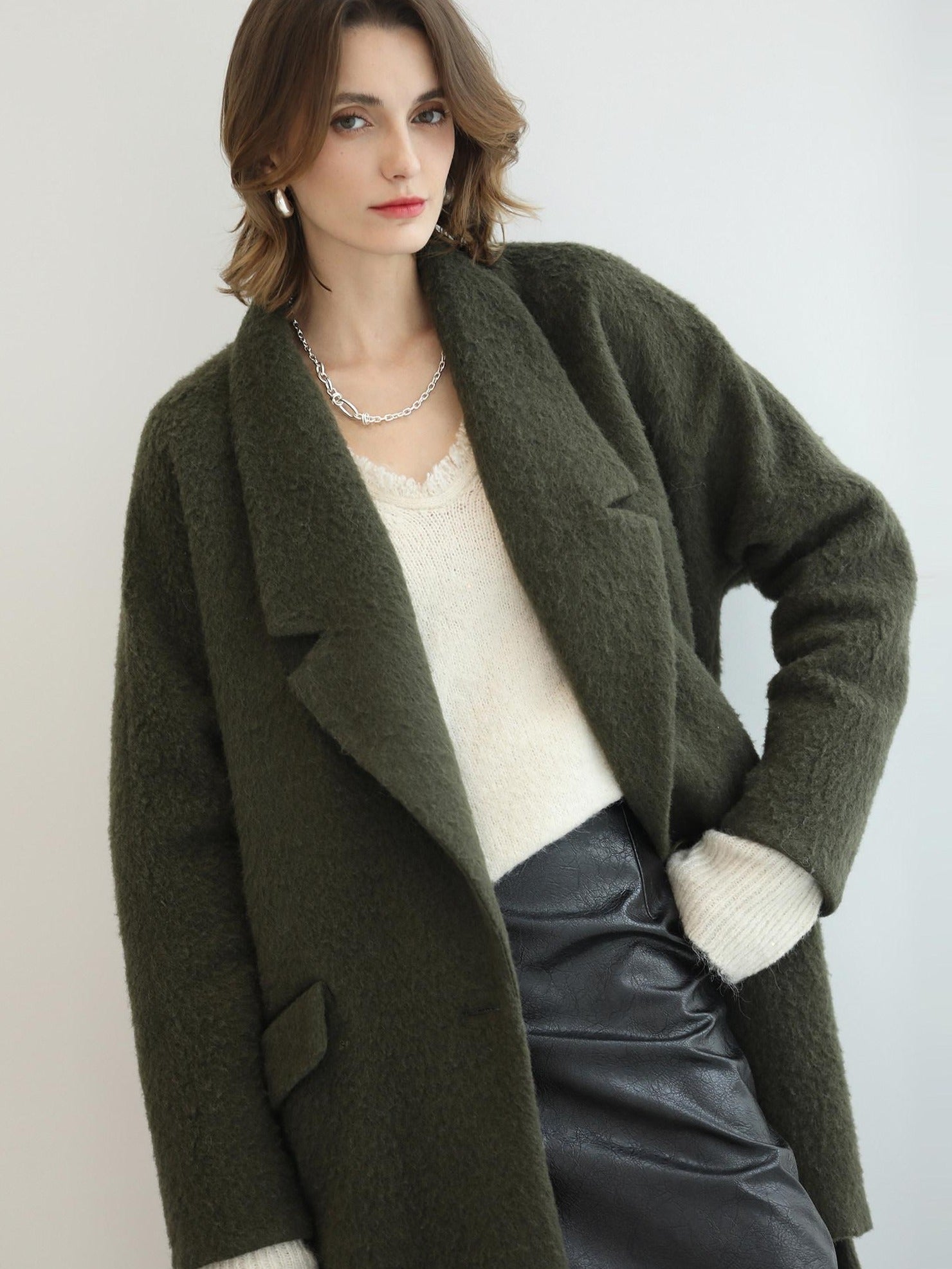 COCOBELLA Wool Blend Belted Overcoat Loose Blazer Midlength Work Seaweed Green Jackets