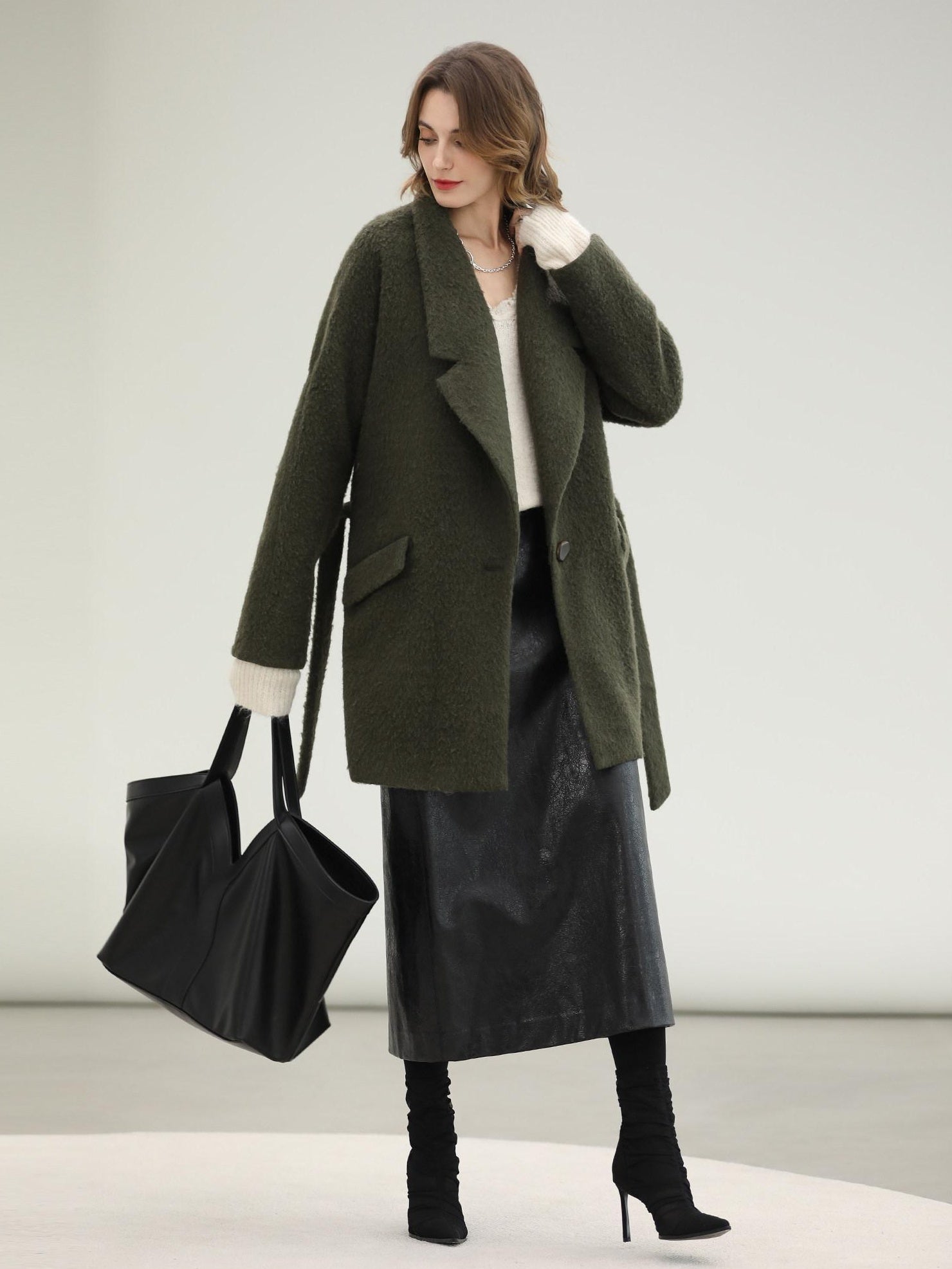 COCOBELLA Wool Blend Belted Overcoat Loose Blazer Midlength Work Seaweed Green Jackets