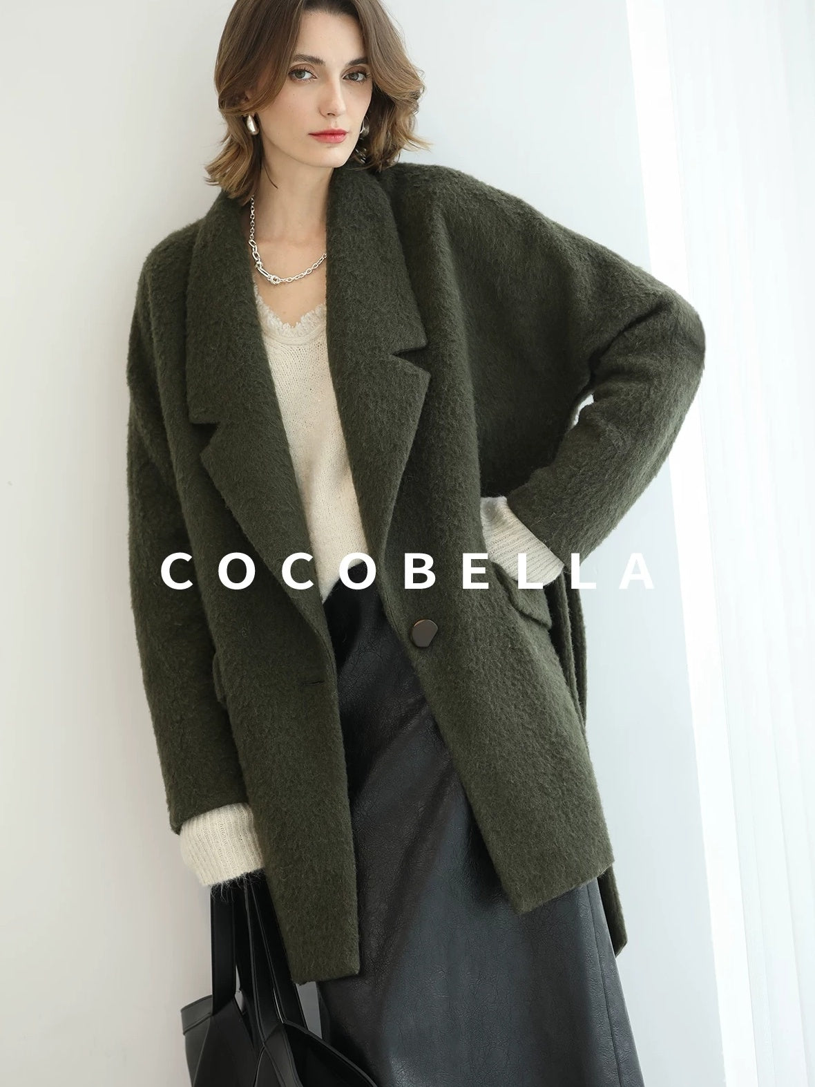 COCOBELLA Wool Blend Belted Overcoat Loose Blazer Midlength Work Seaweed Green Jackets