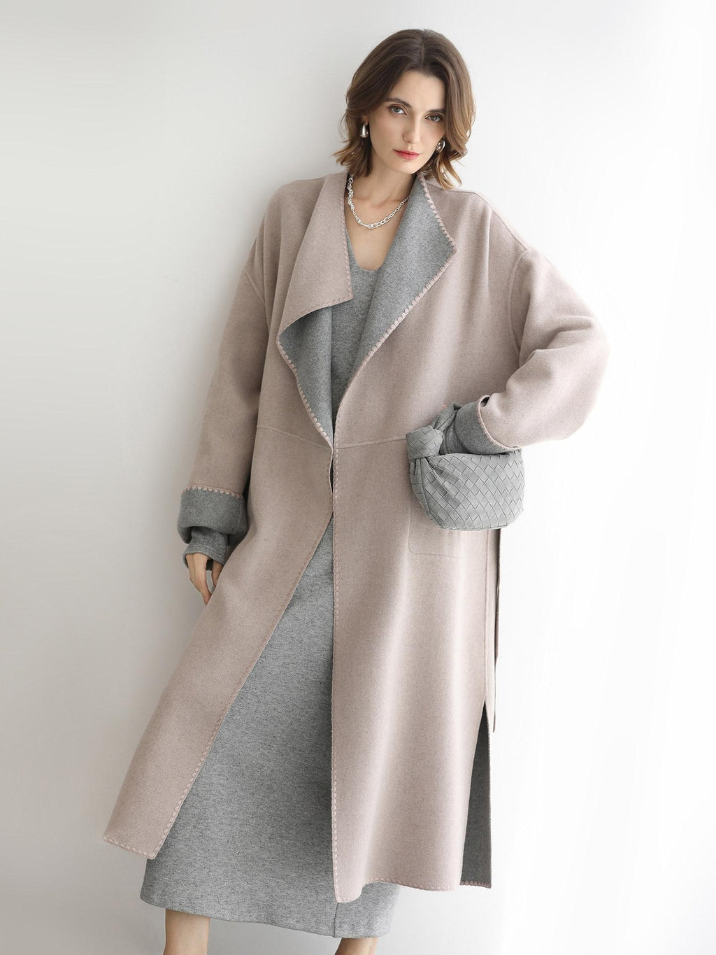 COCOBELLA Wool Blend Belted Shell Embroidery Tailored Straight Long Lapel Ol Coats
