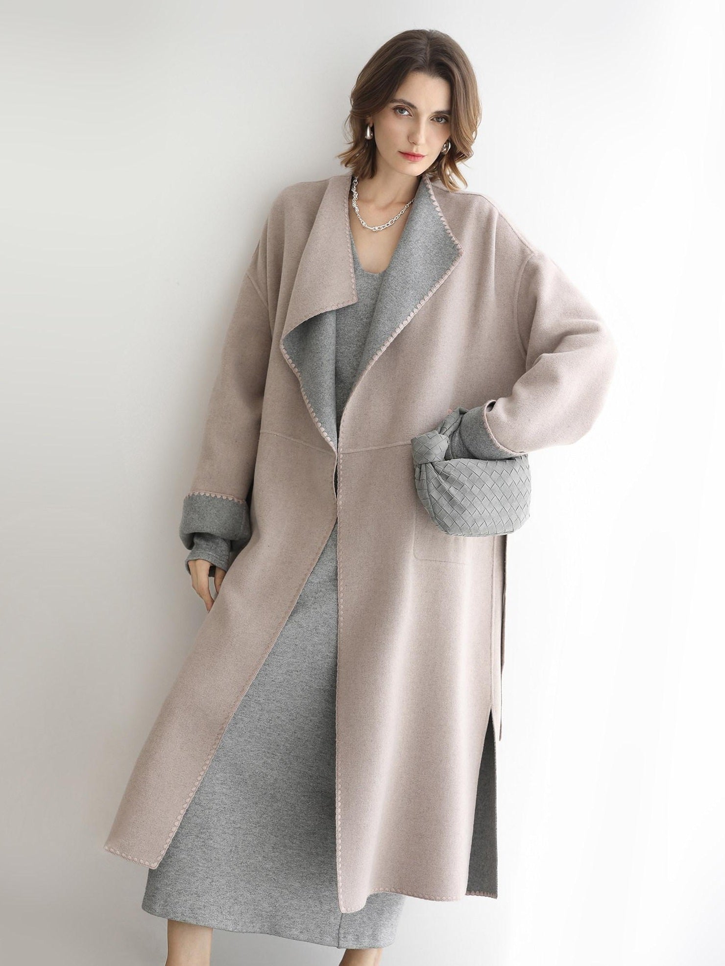 COCOBELLA Wool Blend Belted Shell Embroidery Tailored Straight Long Lapel Ol Coats