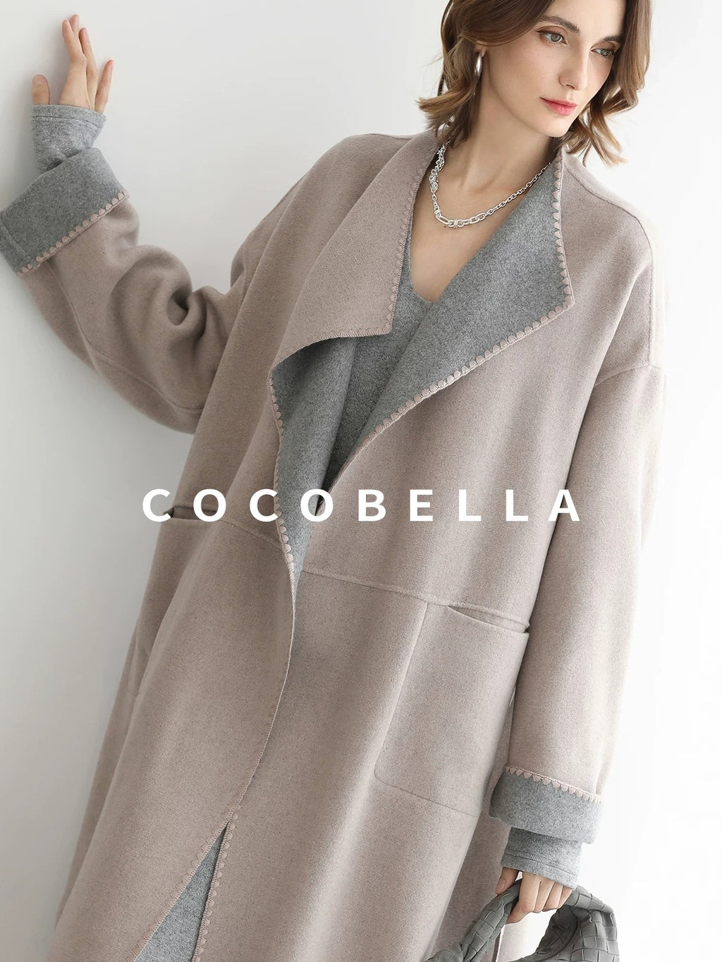 COCOBELLA Wool Blend Belted Shell Embroidery Tailored Straight Long Lapel Ol Coats