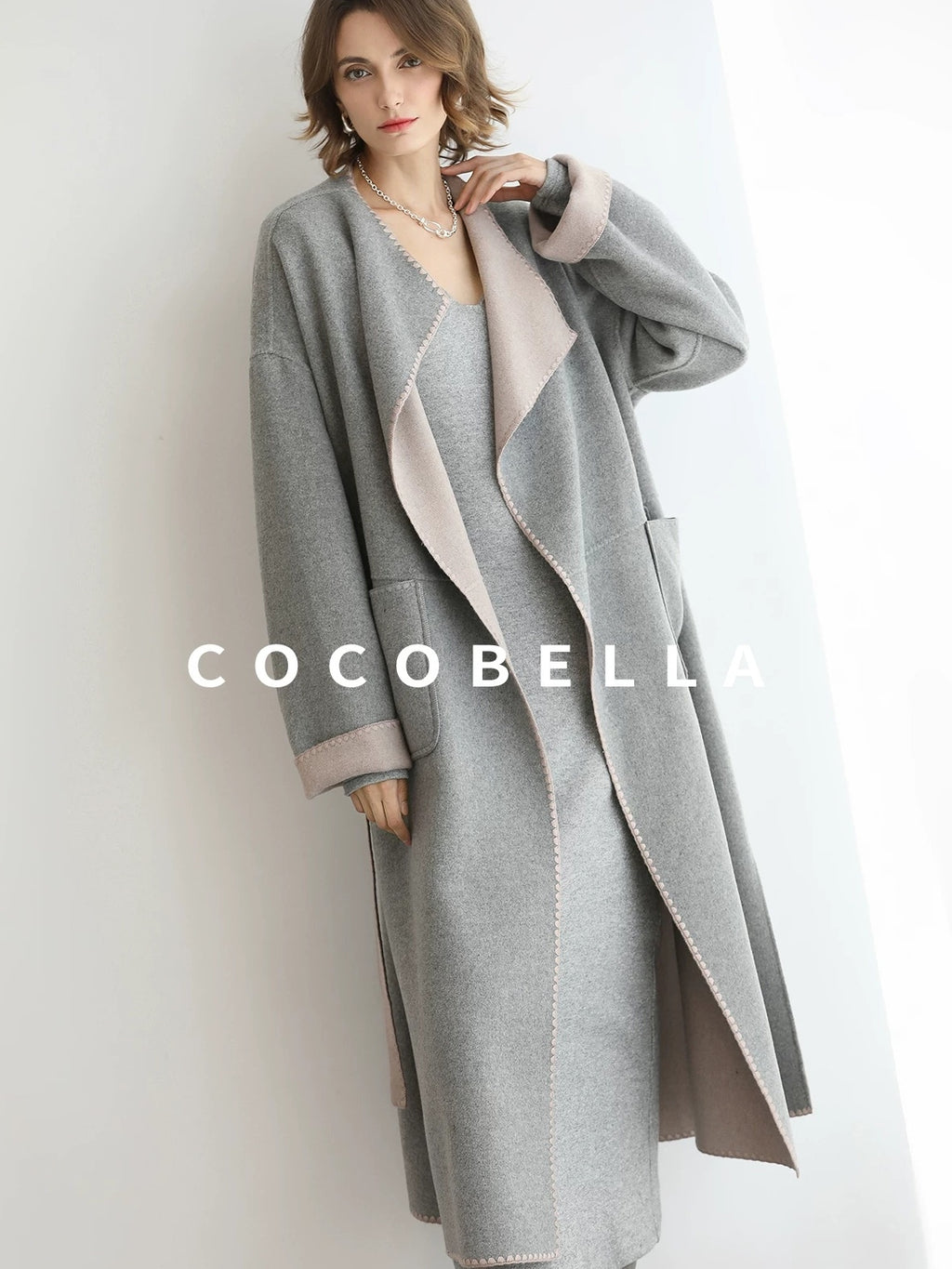 COCOBELLA Wool Blend Belted Shell Embroidery Tailored Straight Long Lapel Ol Coats