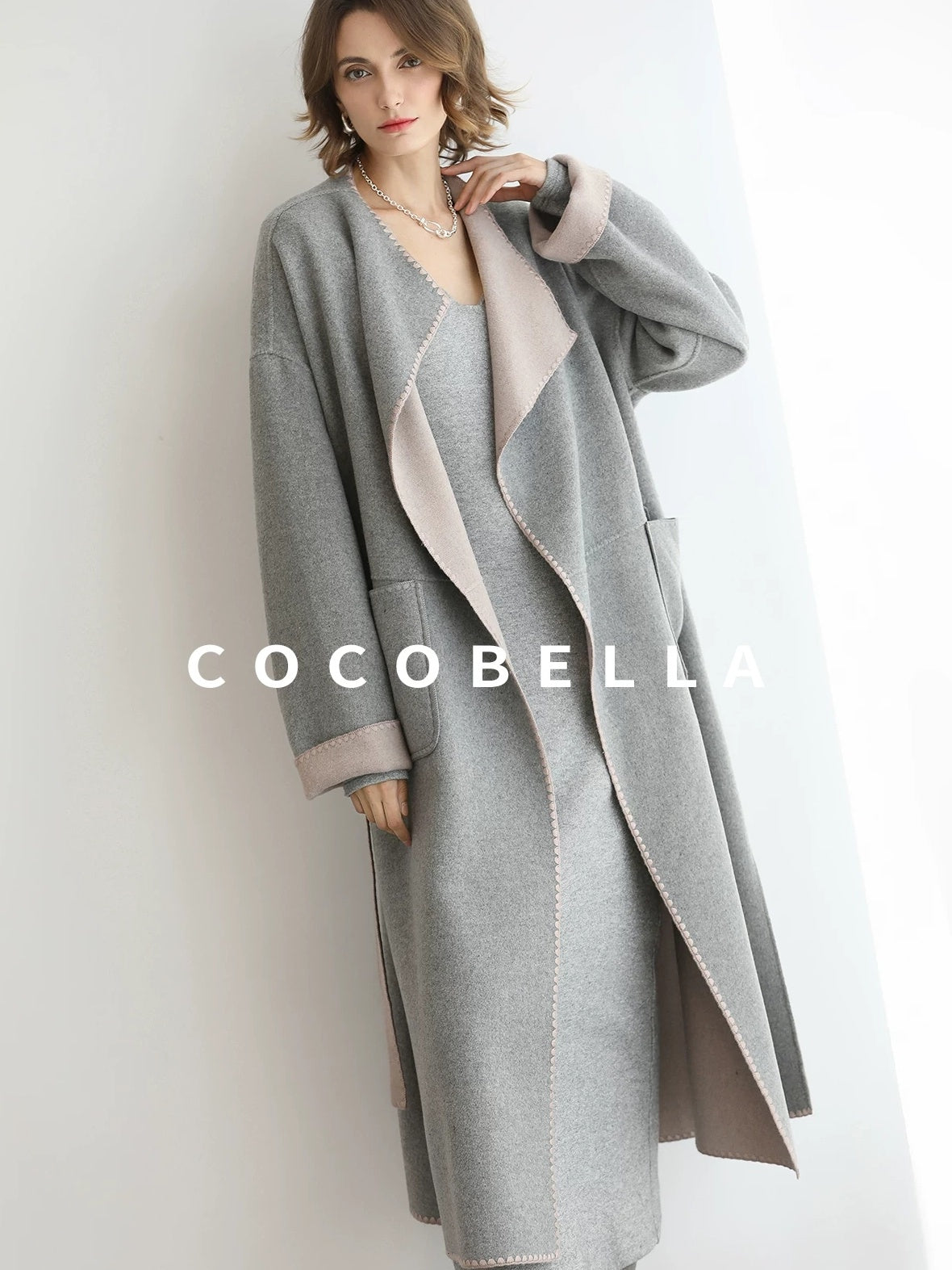 COCOBELLA Wool Blend Belted Shell Embroidery Tailored Straight Long Lapel Ol Coats