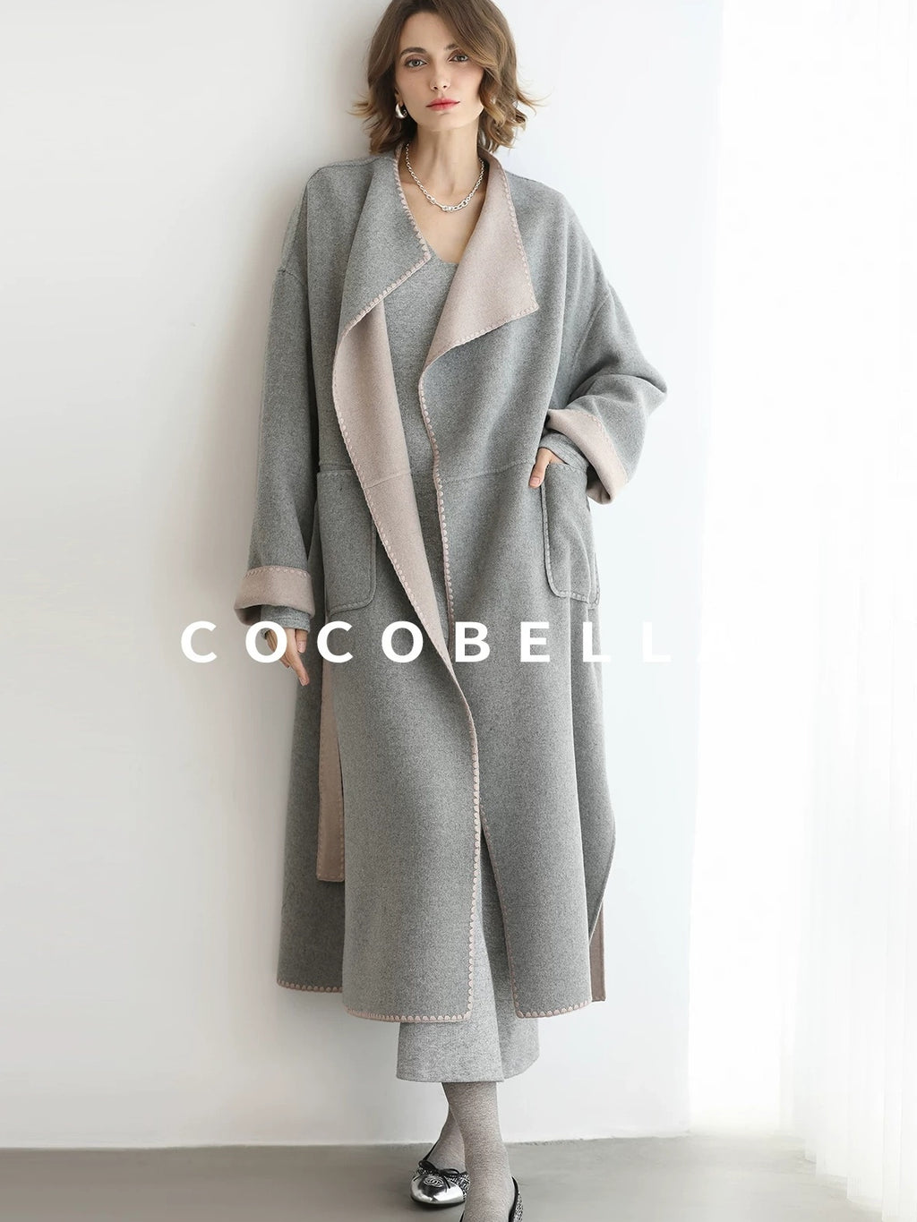 COCOBELLA Wool Blend Belted Shell Embroidery Tailored Straight Long Lapel Ol Coats