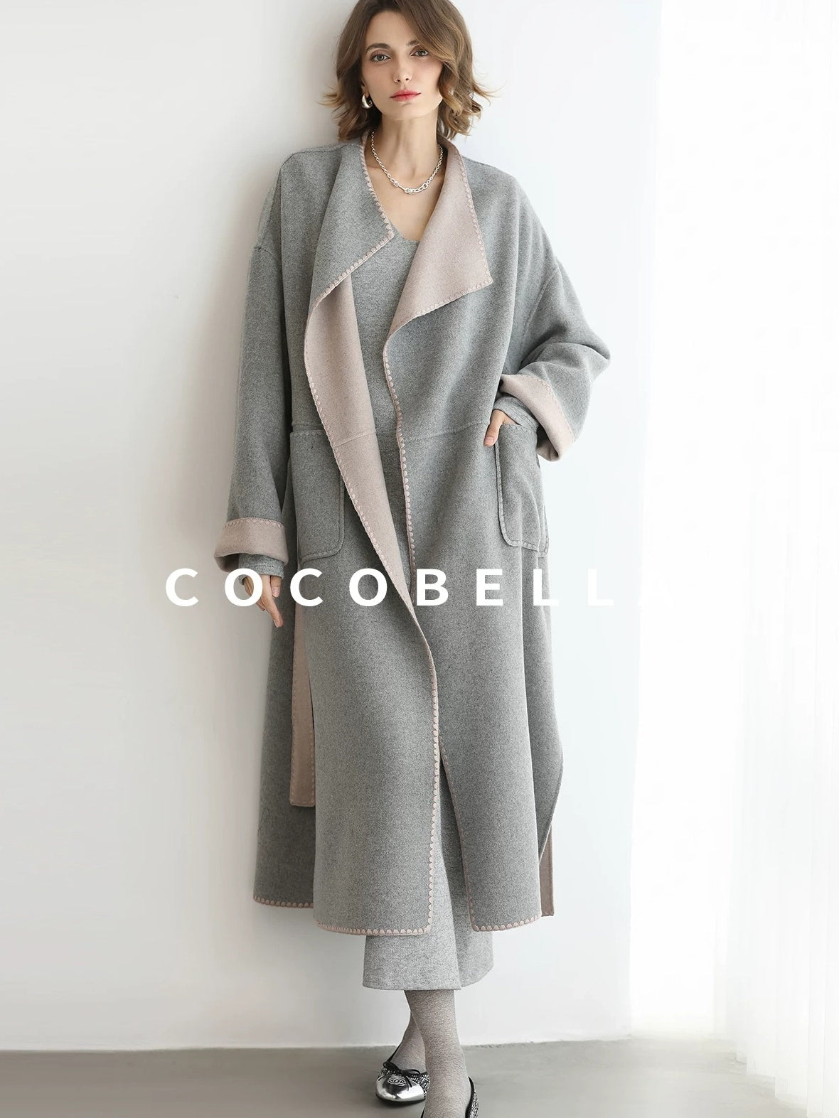COCOBELLA Wool Blend Belted Shell Embroidery Tailored Straight Long Lapel Ol Coats