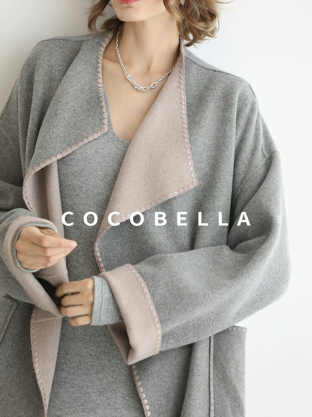 COCOBELLA Wool Blend Belted Shell Embroidery Tailored Straight Long Lapel Ol Coats