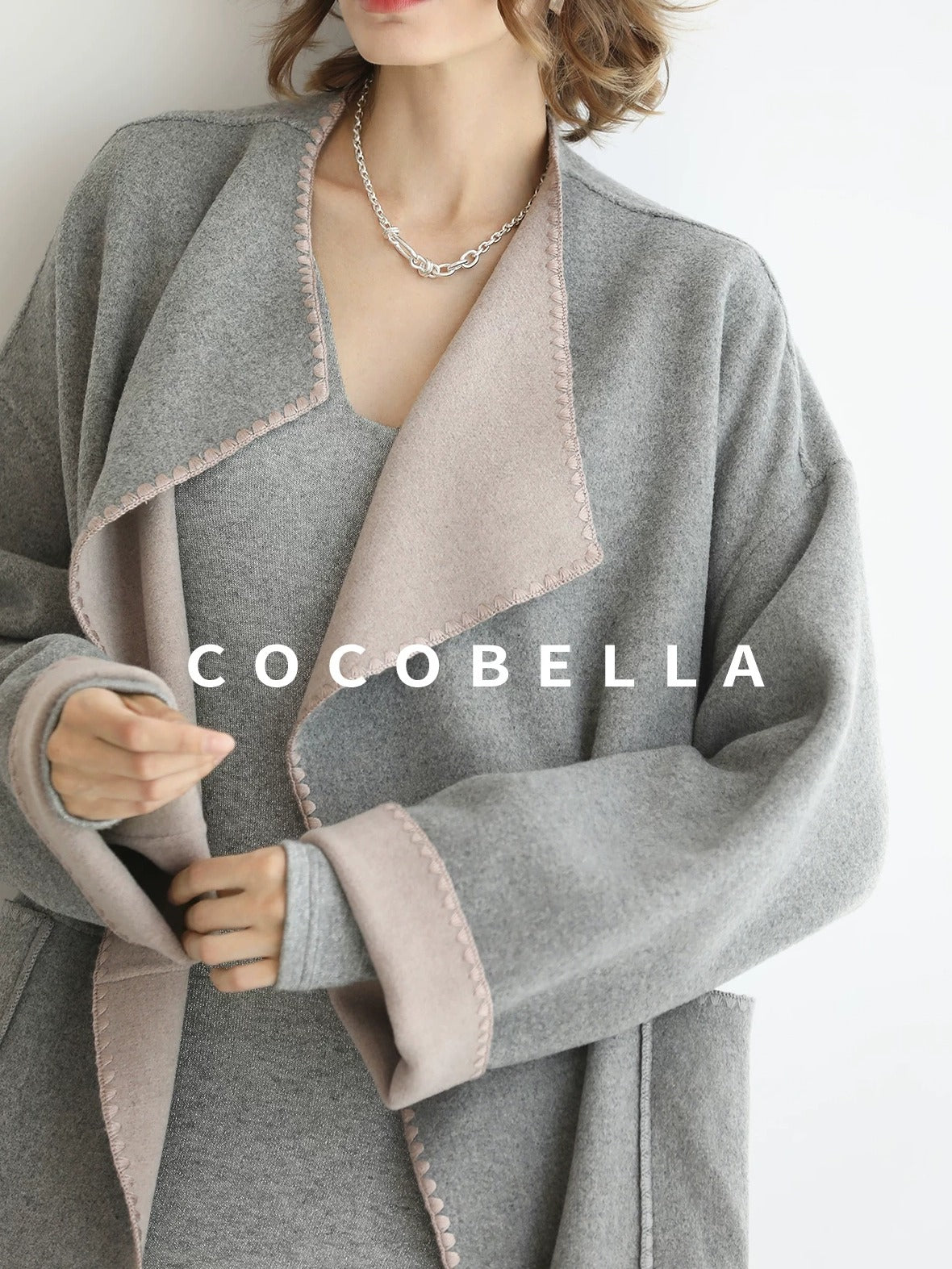 COCOBELLA Wool Blend Belted Shell Embroidery Tailored Straight Long Lapel Ol Coats