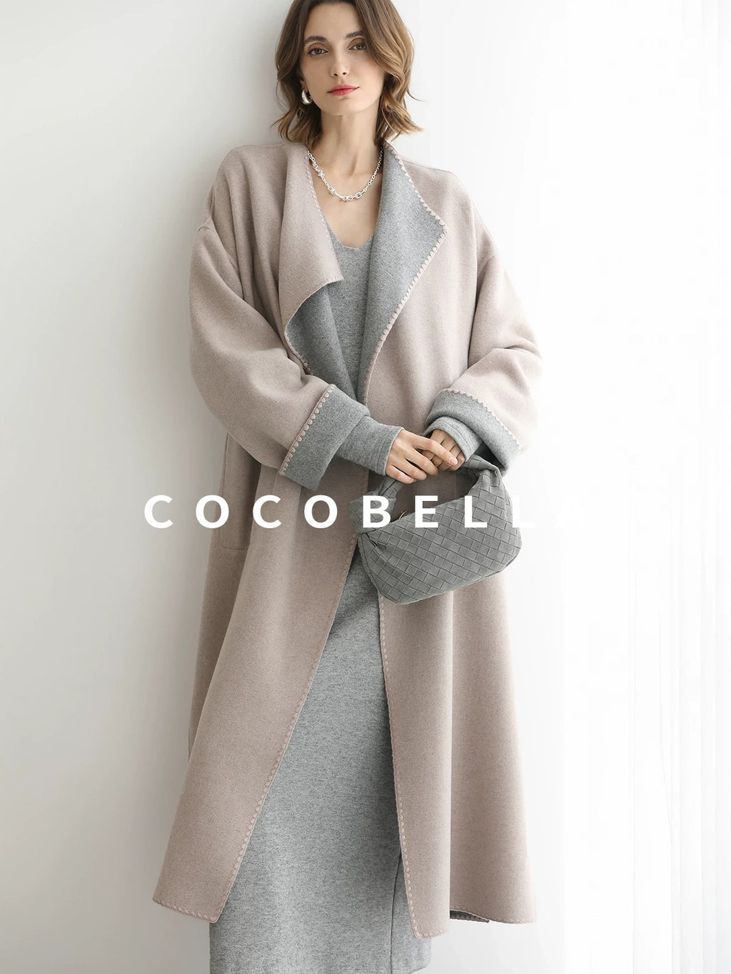 COCOBELLA Wool Blend Belted Shell Embroidery Tailored Straight Long Lapel Ol Coats
