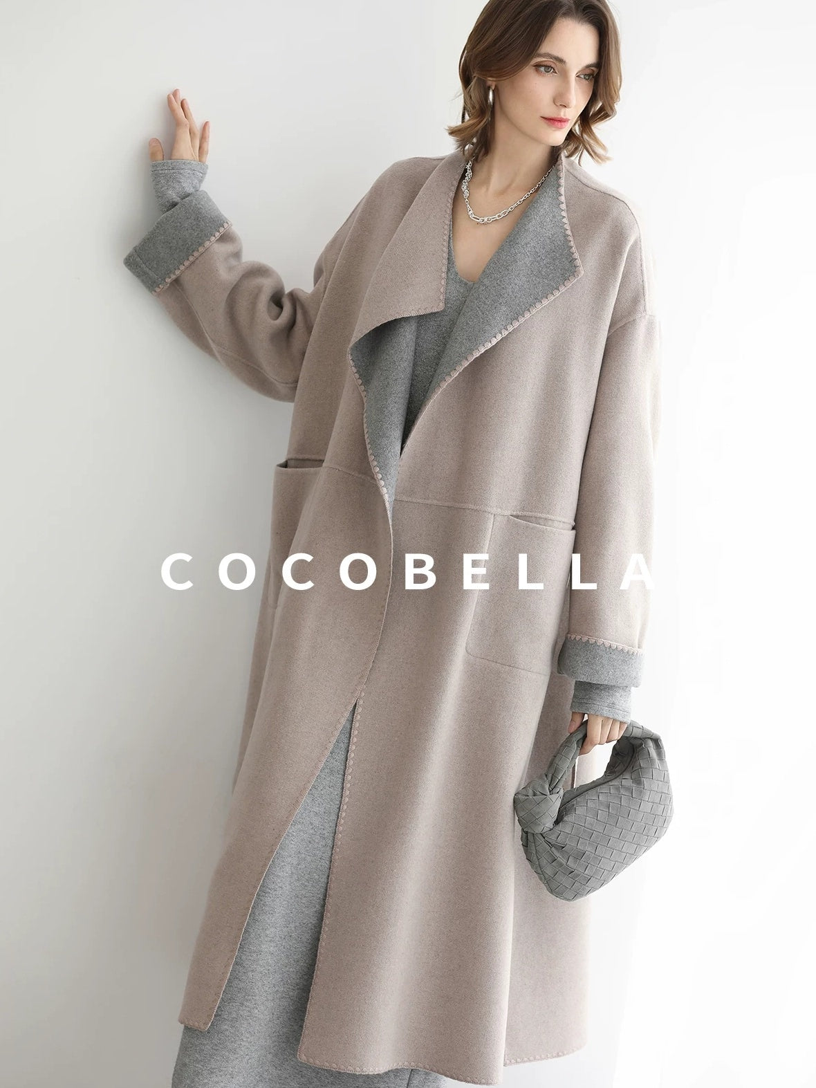 COCOBELLA Wool Blend Belted Shell Embroidery Tailored Straight Long Lapel Ol Coats