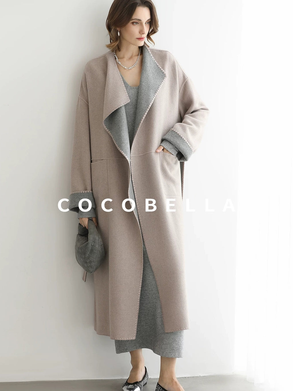 COCOBELLA Wool Blend Belted Shell Embroidery Tailored Straight Long Lapel Ol Coats