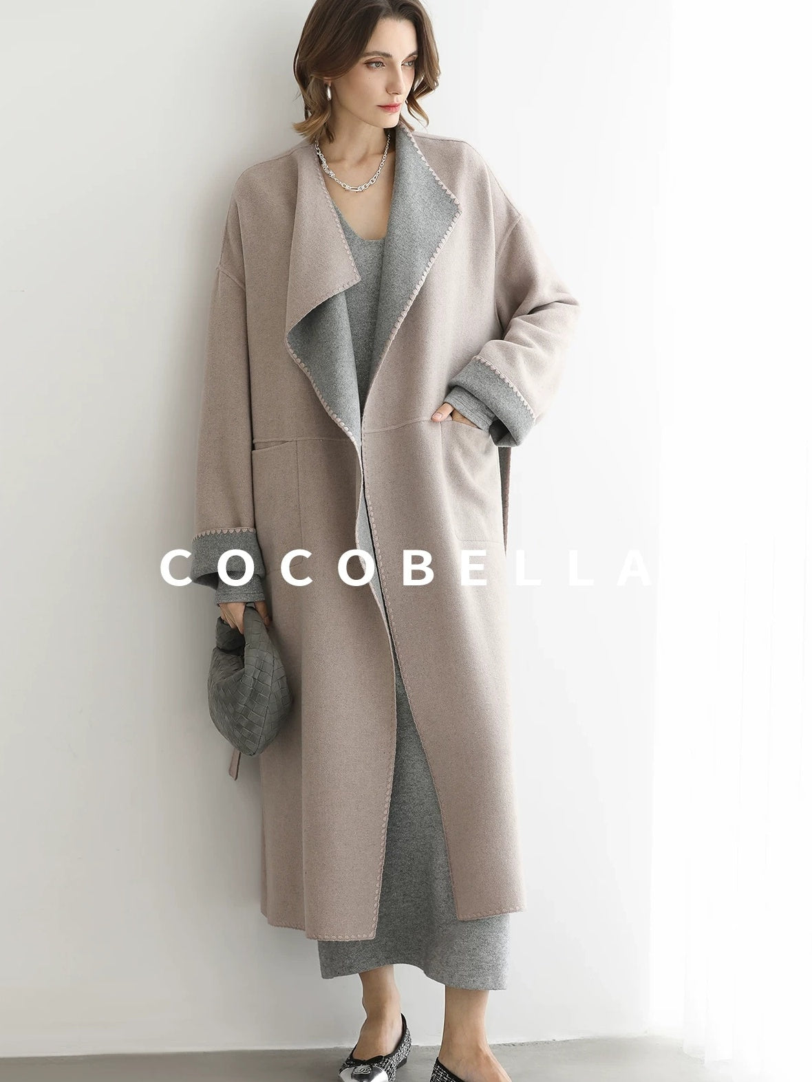 COCOBELLA Wool Blend Belted Shell Embroidery Tailored Straight Long Lapel Ol Coats