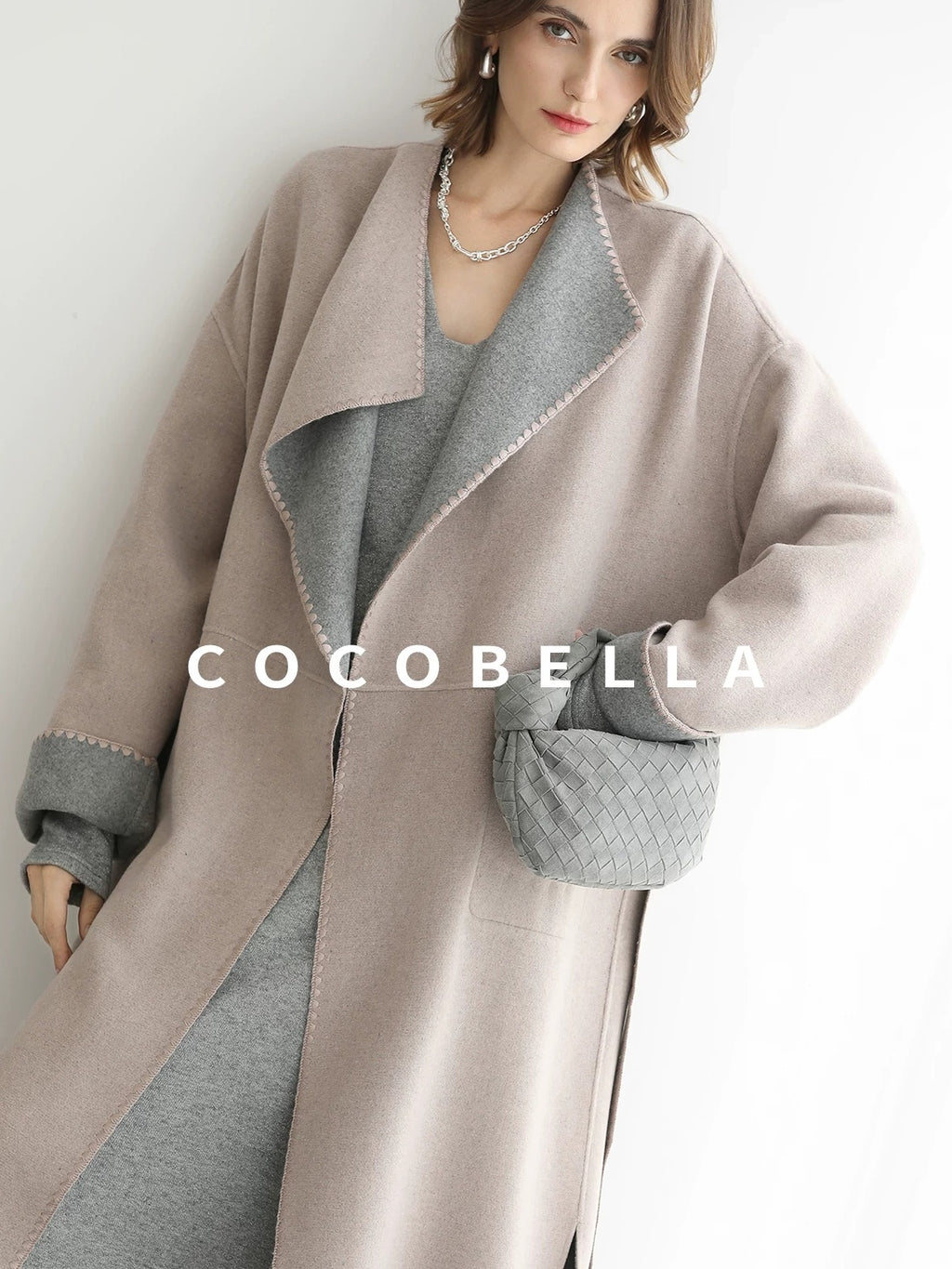 COCOBELLA Wool Blend Belted Shell Embroidery Tailored Straight Long Lapel Ol Coats