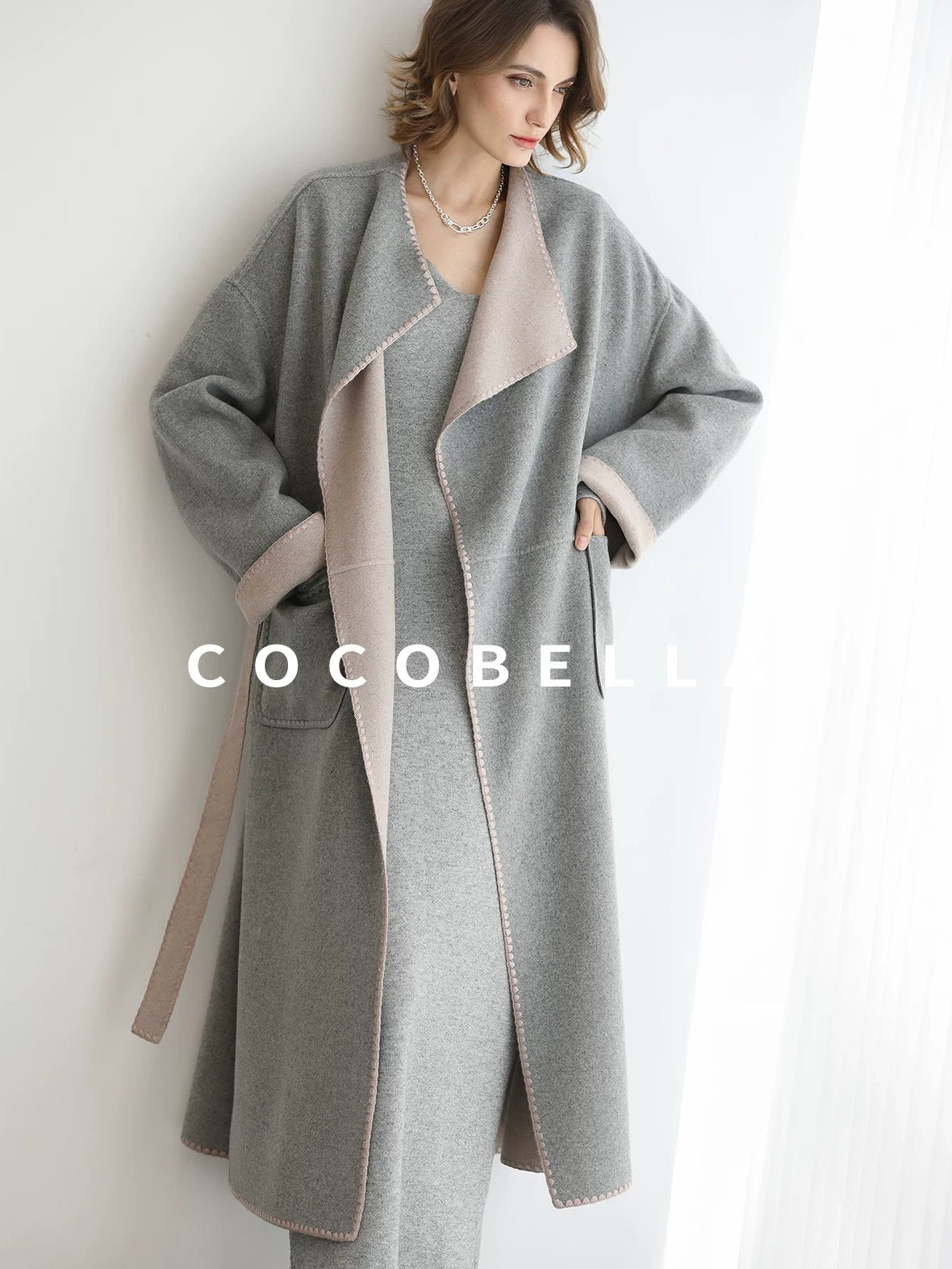COCOBELLA Wool Blend Belted Shell Embroidery Tailored Straight Long Lapel Ol Coats