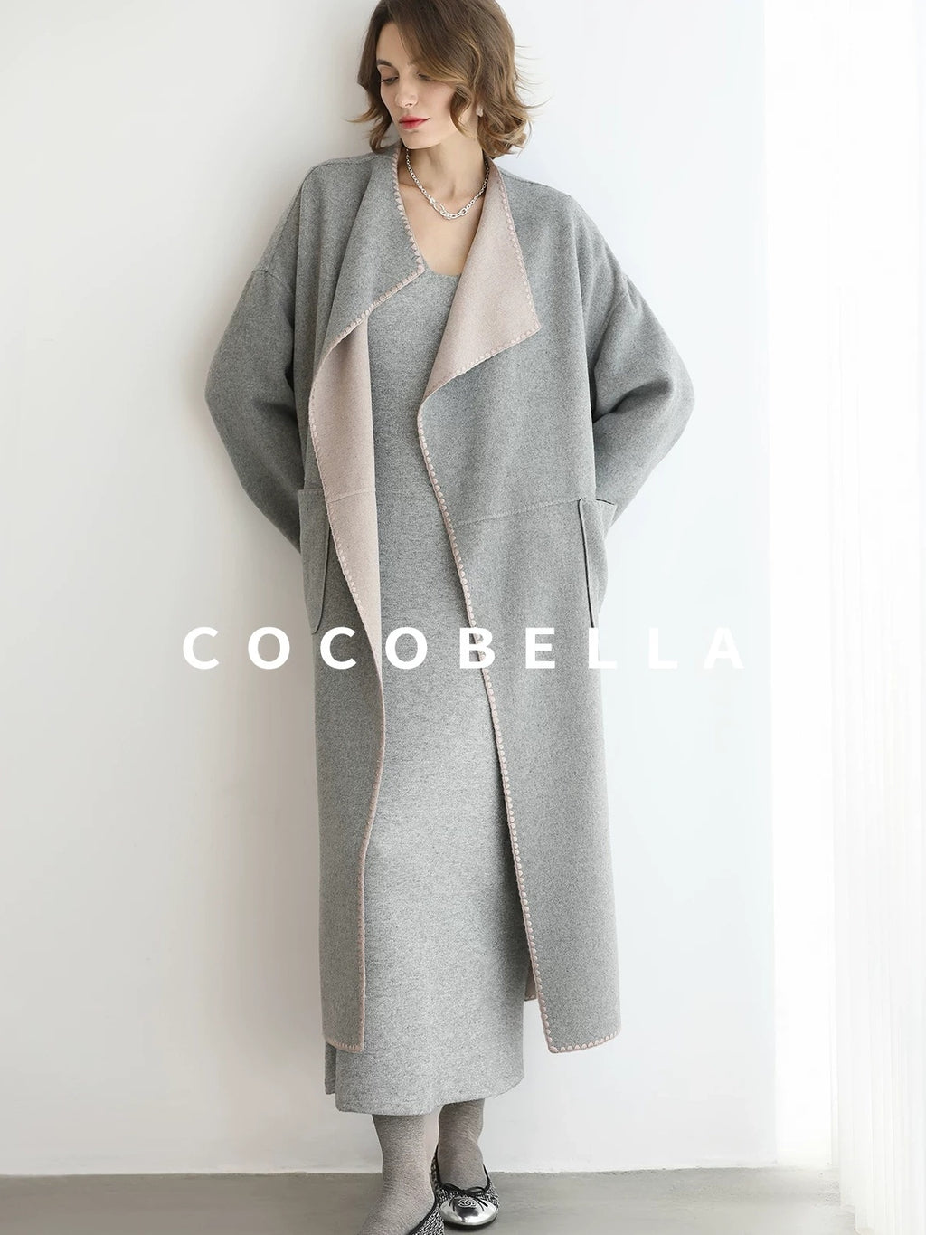 COCOBELLA Wool Blend Belted Shell Embroidery Tailored Straight Long Lapel Ol Coats