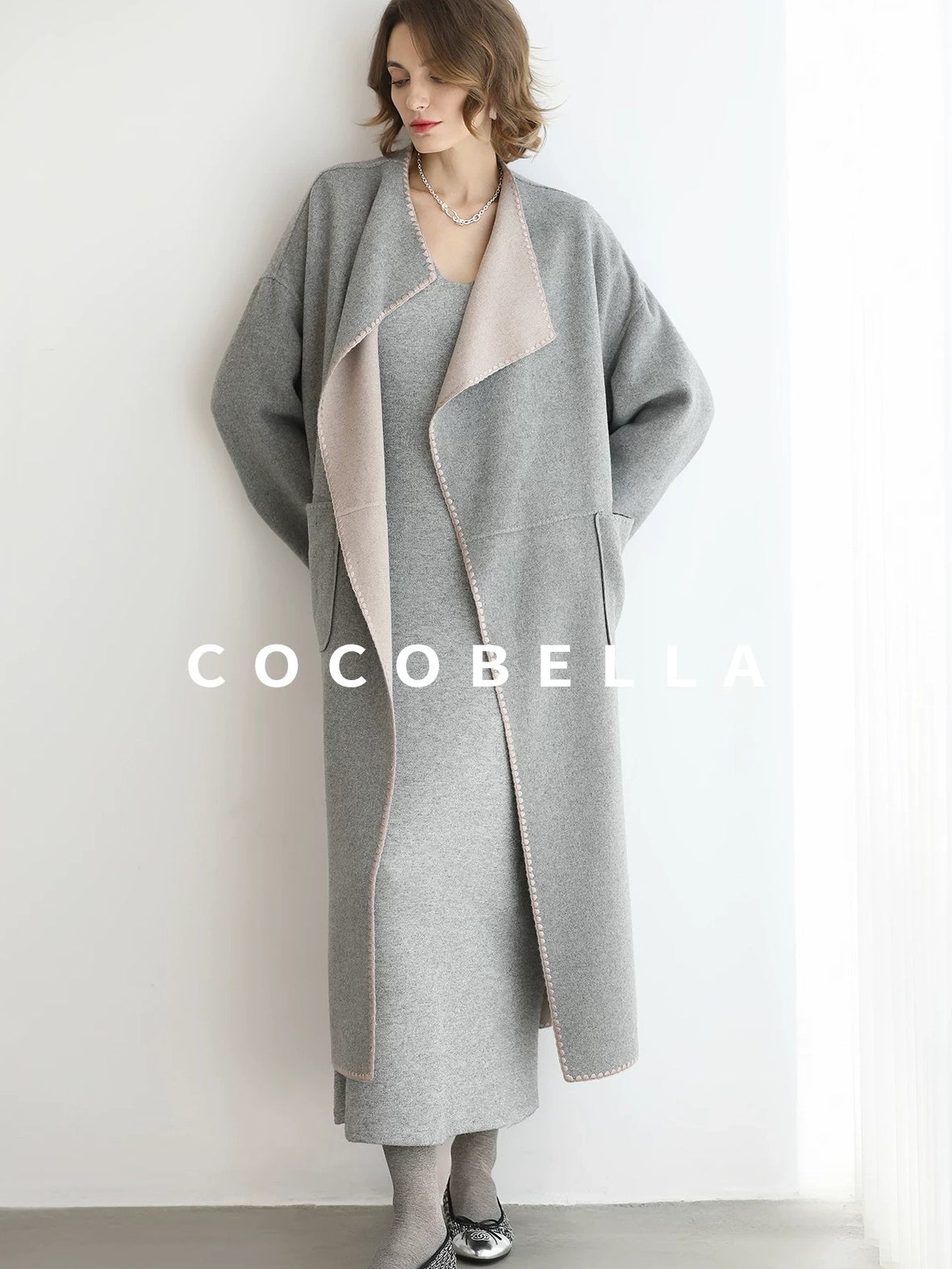 COCOBELLA Wool Blend Belted Shell Embroidery Tailored Straight Long Lapel Ol Coats