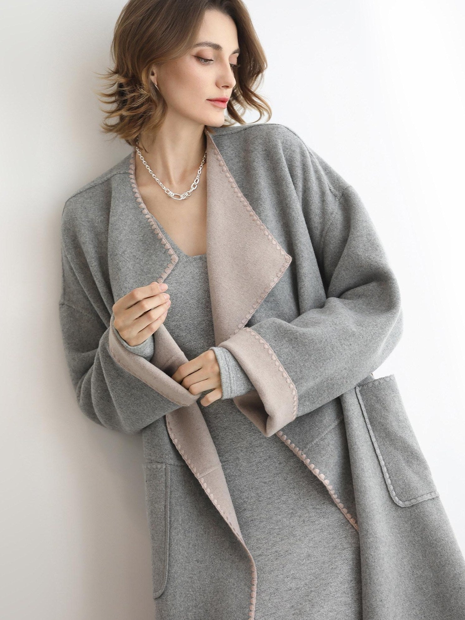 COCOBELLA Wool Blend Belted Shell Embroidery Tailored Straight Long Lapel Ol Coats