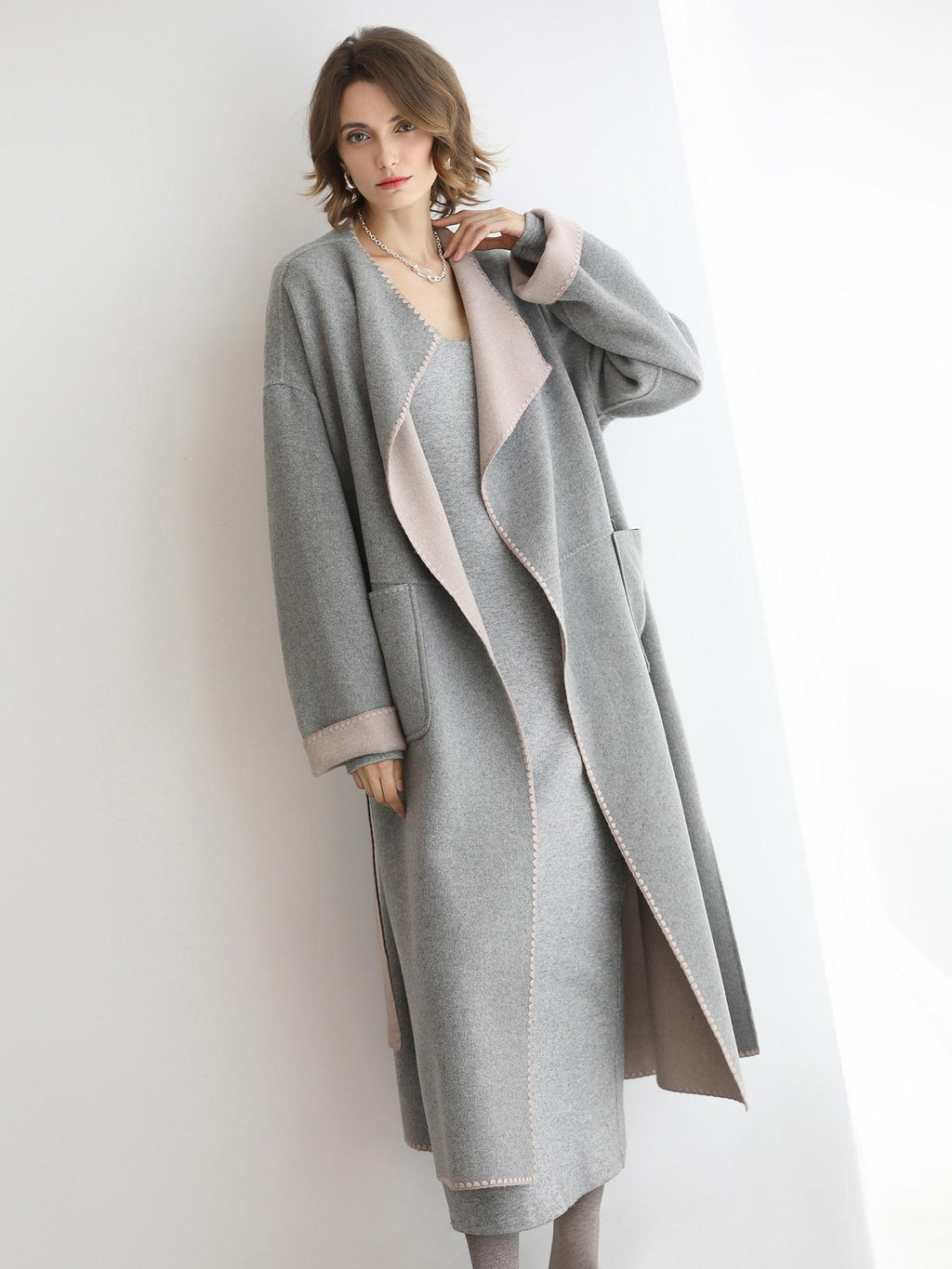 COCOBELLA Wool Blend Belted Shell Embroidery Tailored Straight Long Lapel Ol Coats