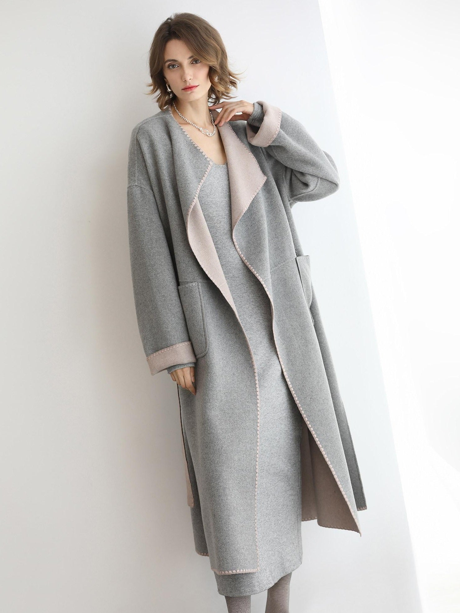 COCOBELLA Wool Blend Belted Shell Embroidery Tailored Straight Long Lapel Ol Coats