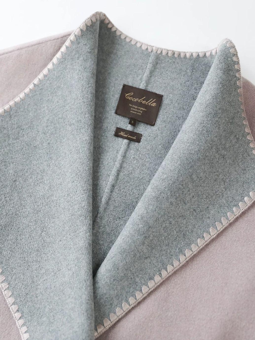 COCOBELLA Wool Blend Belted Shell Embroidery Tailored Straight Long Lapel Ol Coats