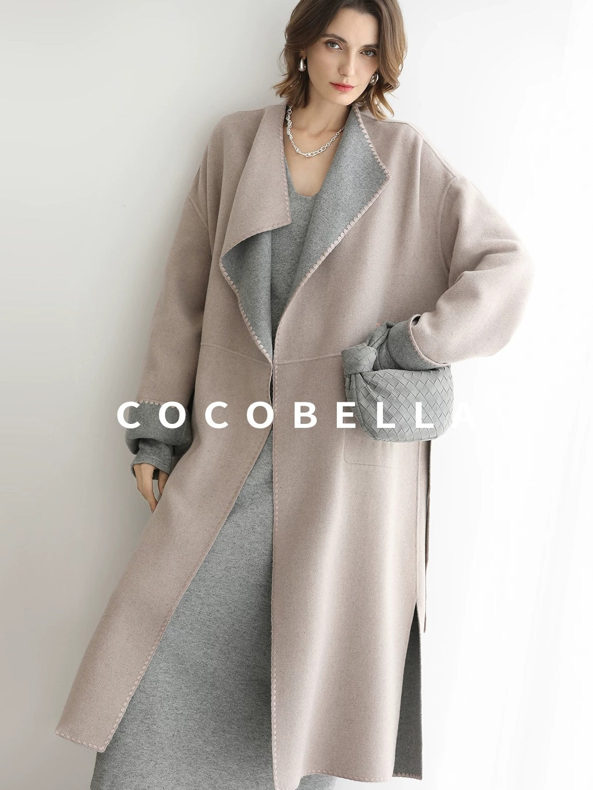 COCOBELLA Wool Blend Belted Shell Embroidery Tailored Straight Long Lapel Ol Coats