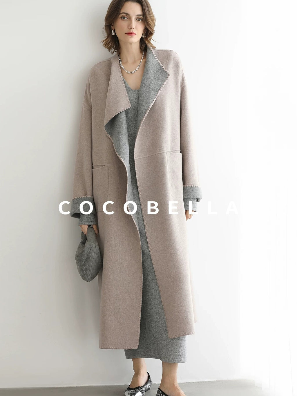 COCOBELLA Wool Blend Belted Shell Embroidery Tailored Straight Long Lapel Ol Coats