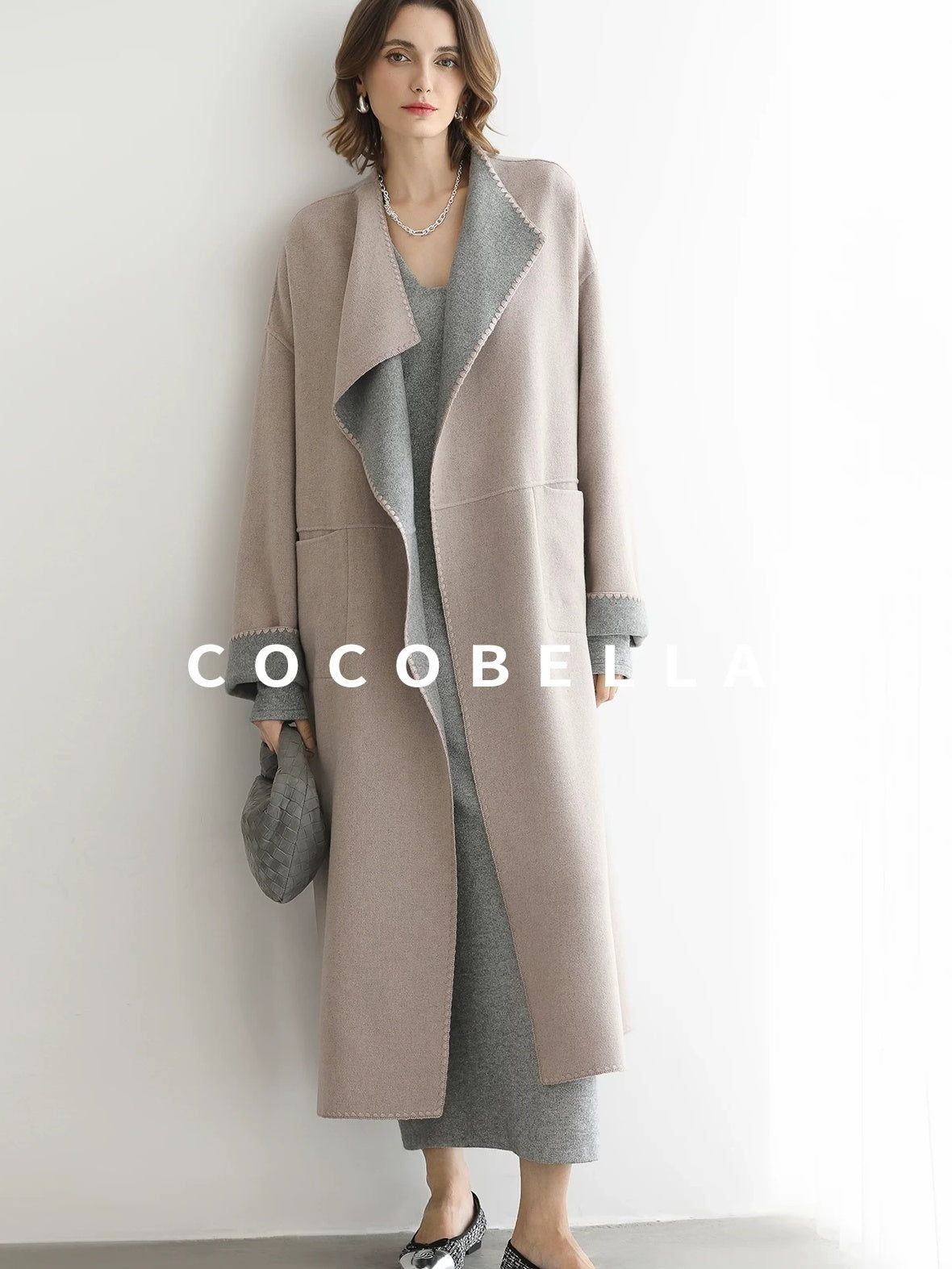 COCOBELLA Wool Blend Belted Shell Embroidery Tailored Straight Long Lapel Ol Coats
