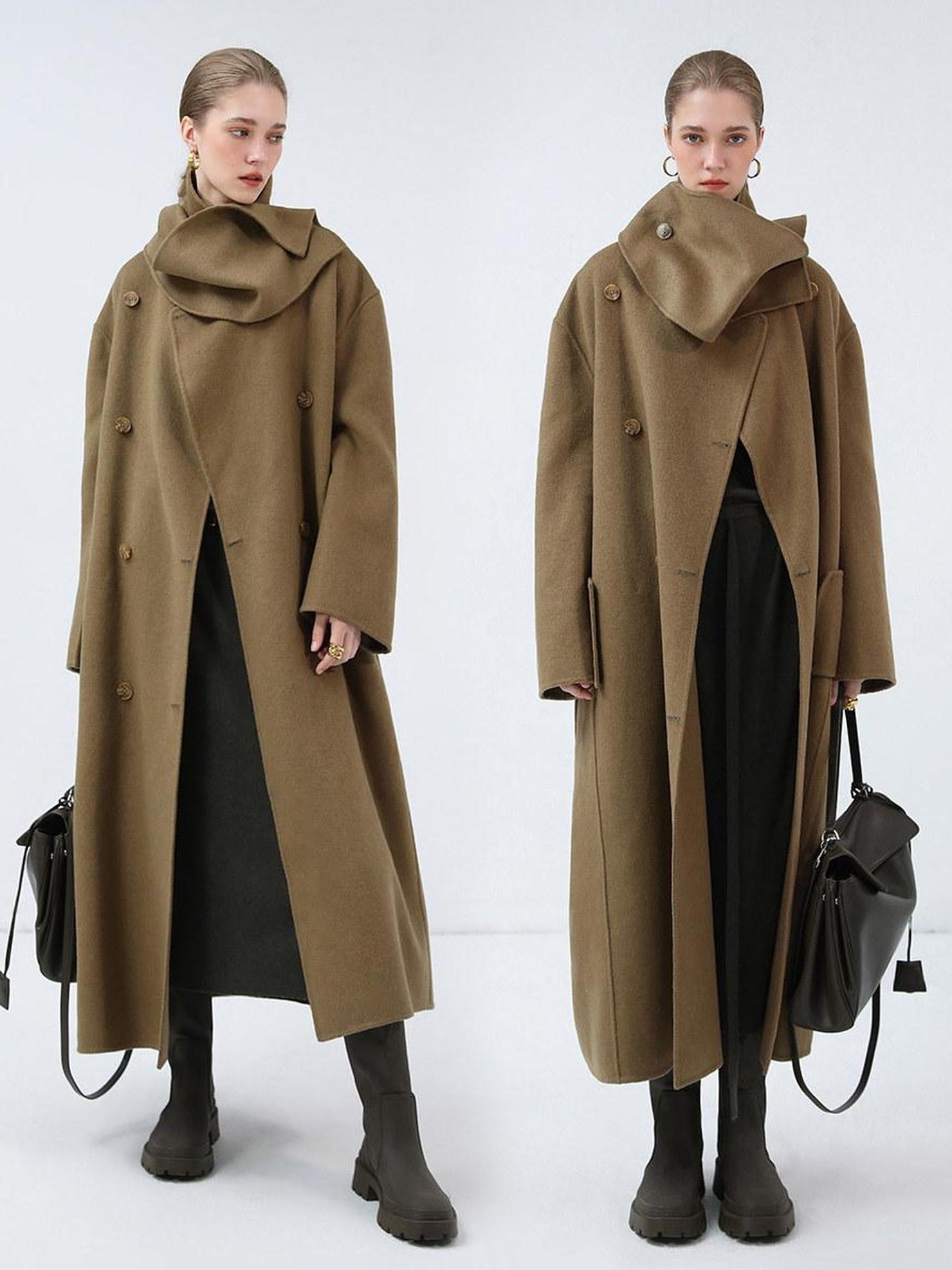 COCOBELLA Wool Blend British Commuter Loose Long Double Breasted Tobacco Brown Coats