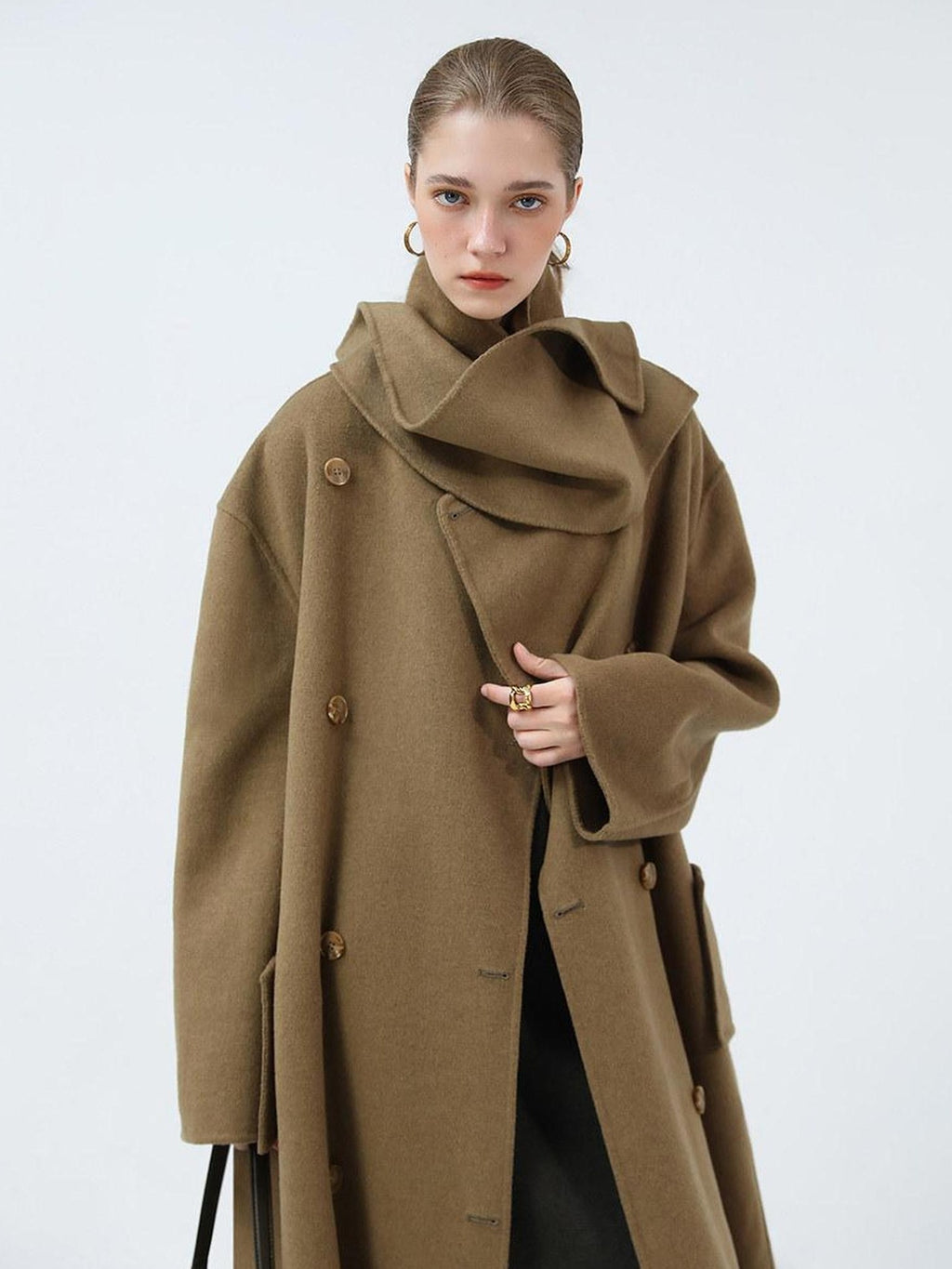 COCOBELLA Wool Blend British Commuter Loose Long Double Breasted Tobacco Brown Coats