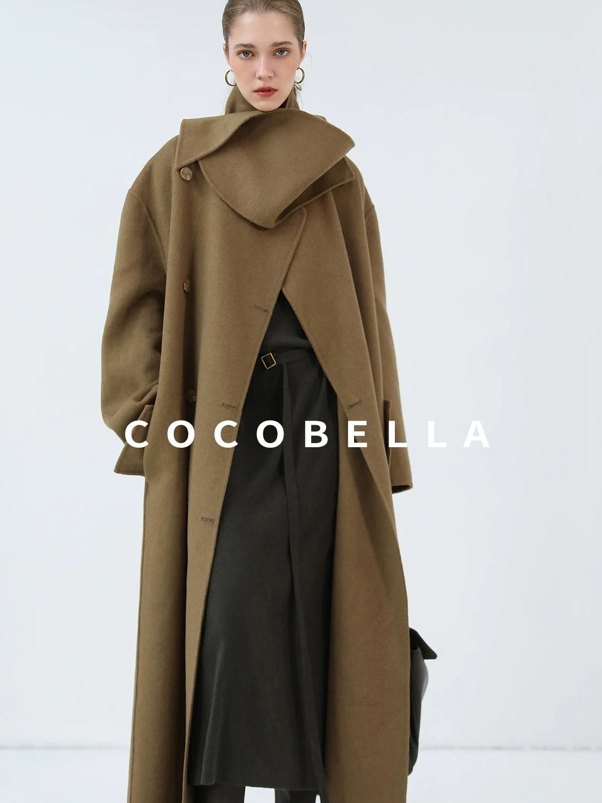 COCOBELLA Wool Blend British Commuter Loose Long Double Breasted Tobacco Brown Coats