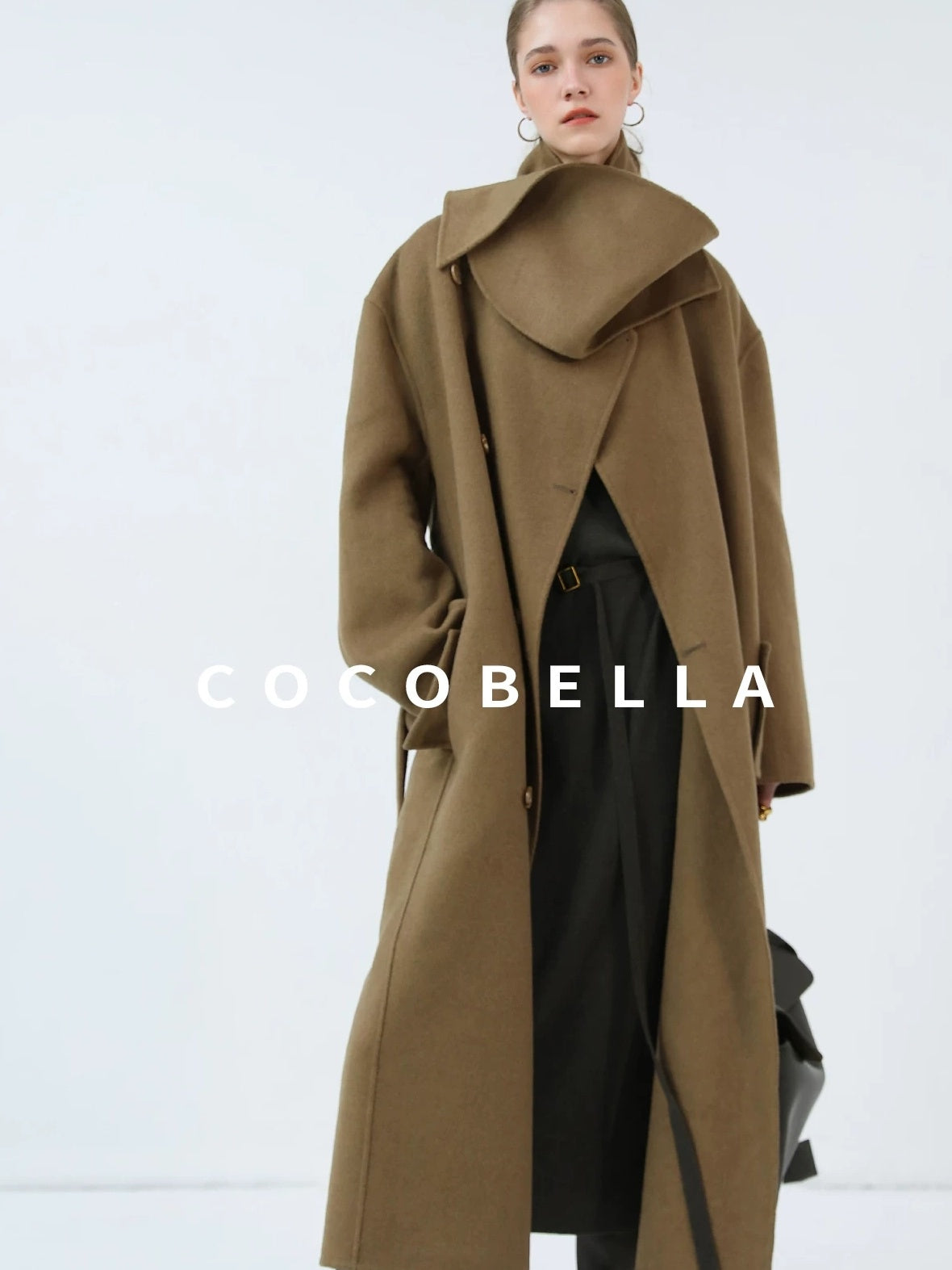 COCOBELLA Wool Blend British Commuter Loose Long Double Breasted Tobacco Brown Coats