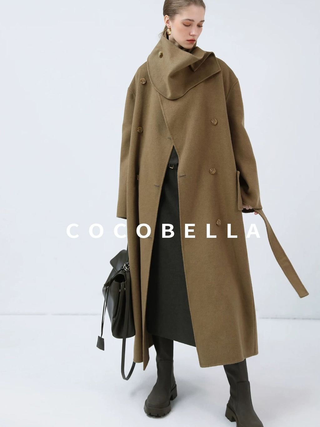 COCOBELLA Wool Blend British Commuter Loose Long Double Breasted Tobacco Brown Coats
