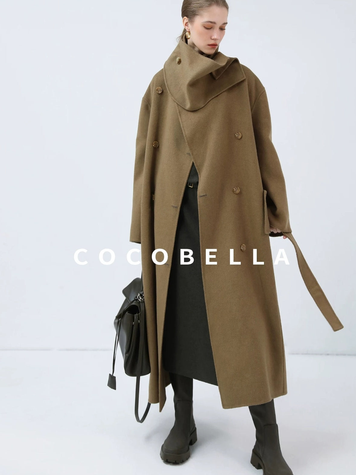 COCOBELLA Wool Blend British Commuter Loose Long Double Breasted Tobacco Brown Coats
