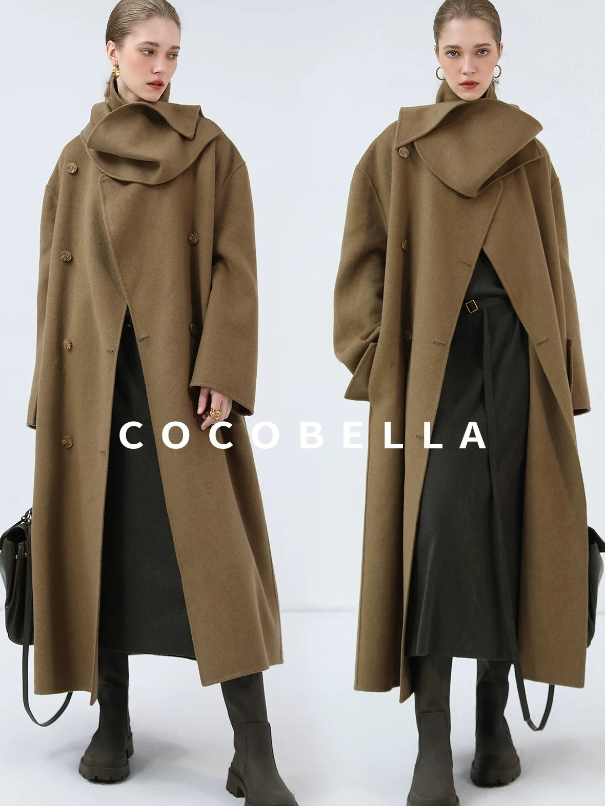 COCOBELLA Wool Blend British Commuter Loose Long Double Breasted Tobacco Brown Coats