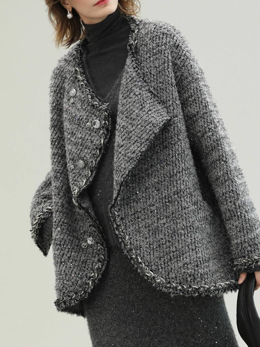 COCOBELLA Wool Blend Button Straight Fit Lapel Collar Office Sequin Paris Gray Coats