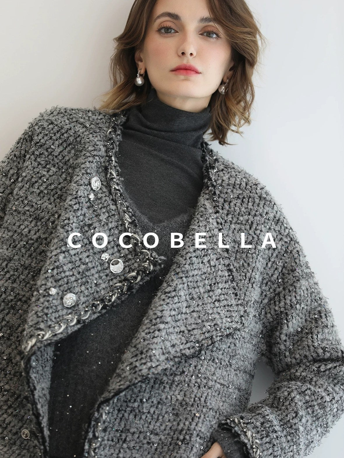 COCOBELLA Wool Blend Button Straight Fit Lapel Collar Office Sequin Paris Gray Coats