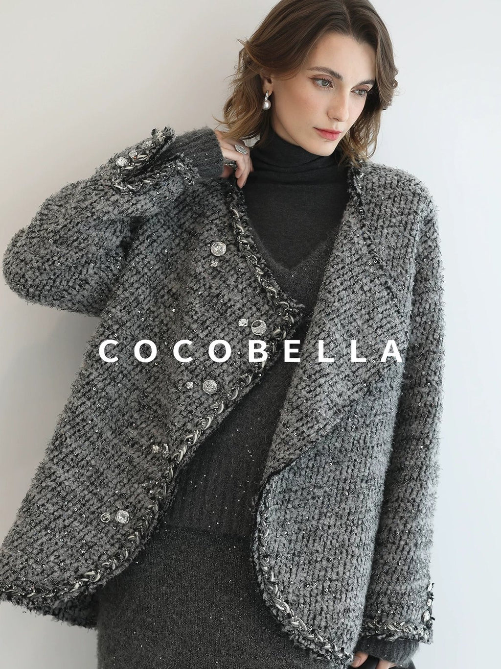 COCOBELLA Wool Blend Button Straight Fit Lapel Collar Office Sequin Paris Gray Coats
