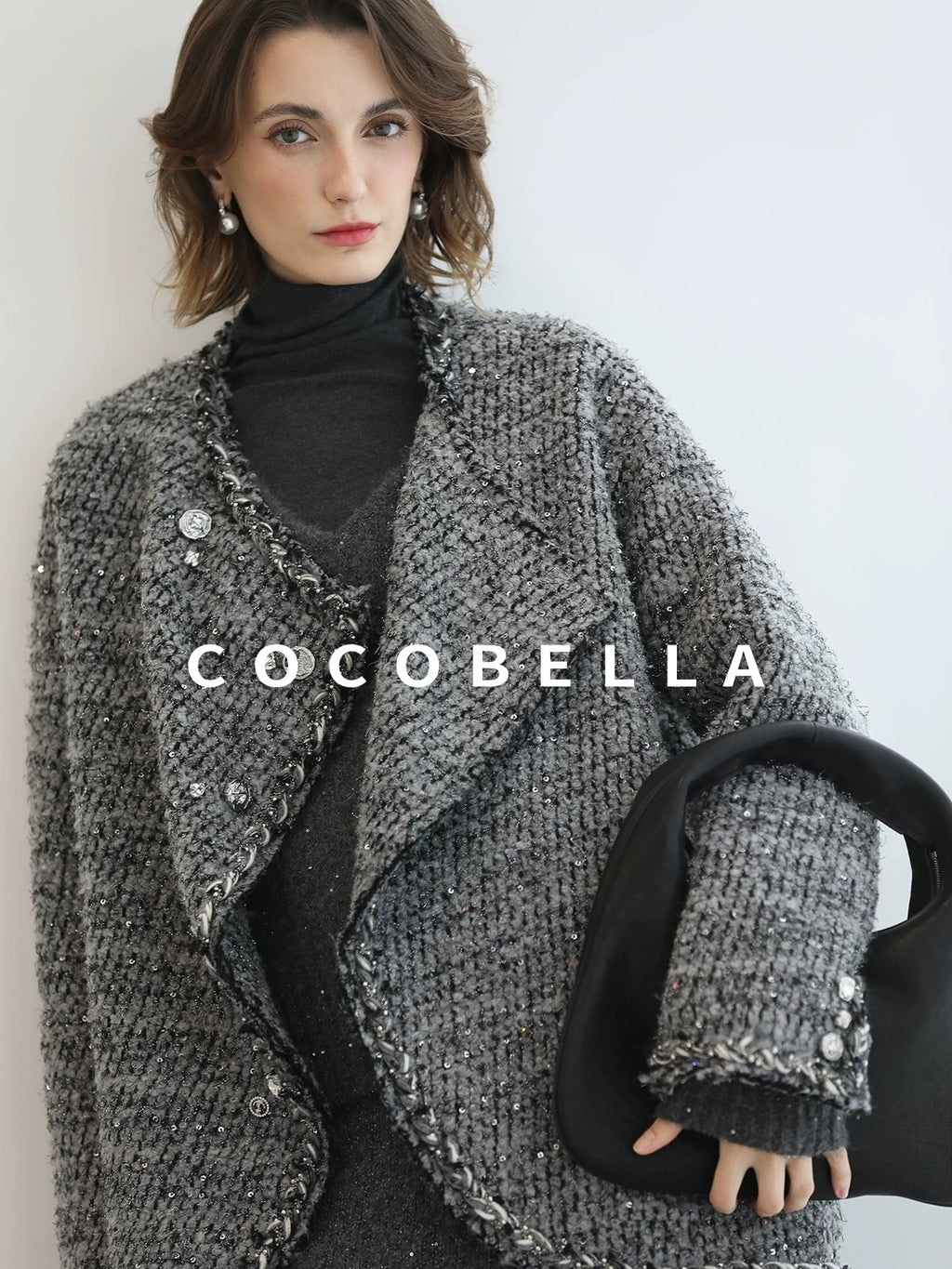COCOBELLA Wool Blend Button Straight Fit Lapel Collar Office Sequin Paris Gray Coats
