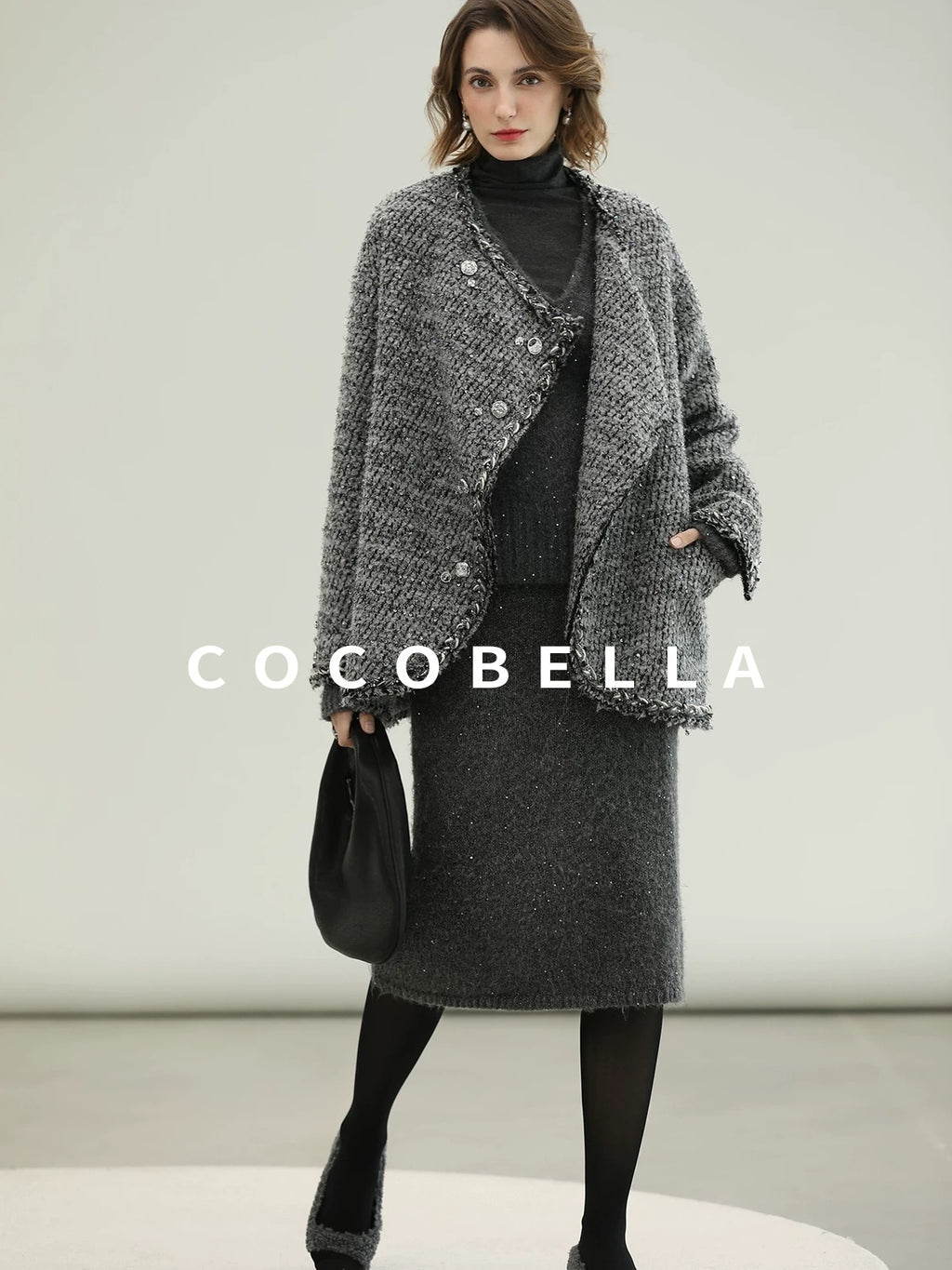 COCOBELLA Wool Blend Button Straight Fit Lapel Collar Office Sequin Paris Gray Coats