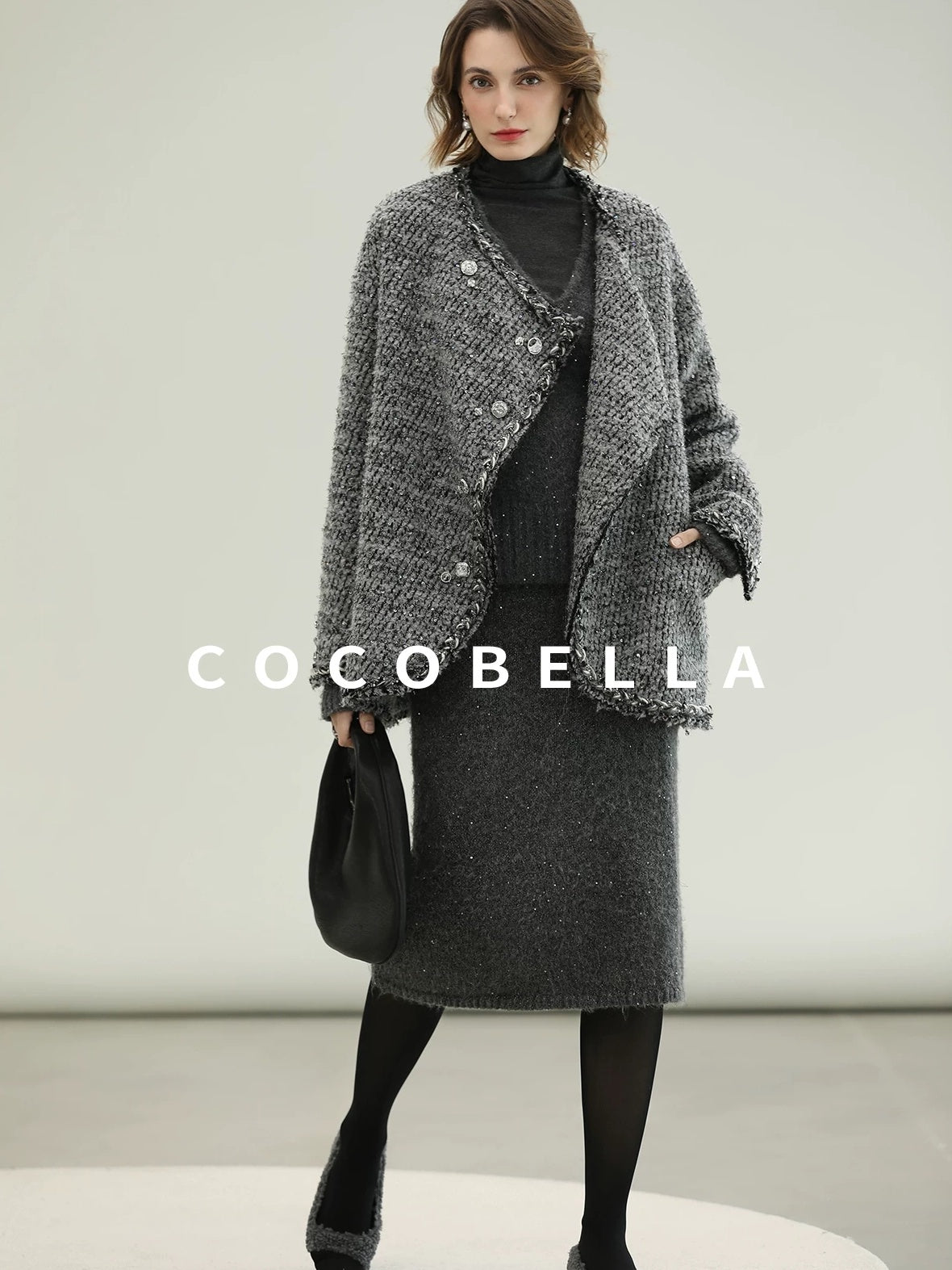 COCOBELLA Wool Blend Button Straight Fit Lapel Collar Office Sequin Paris Gray Coats