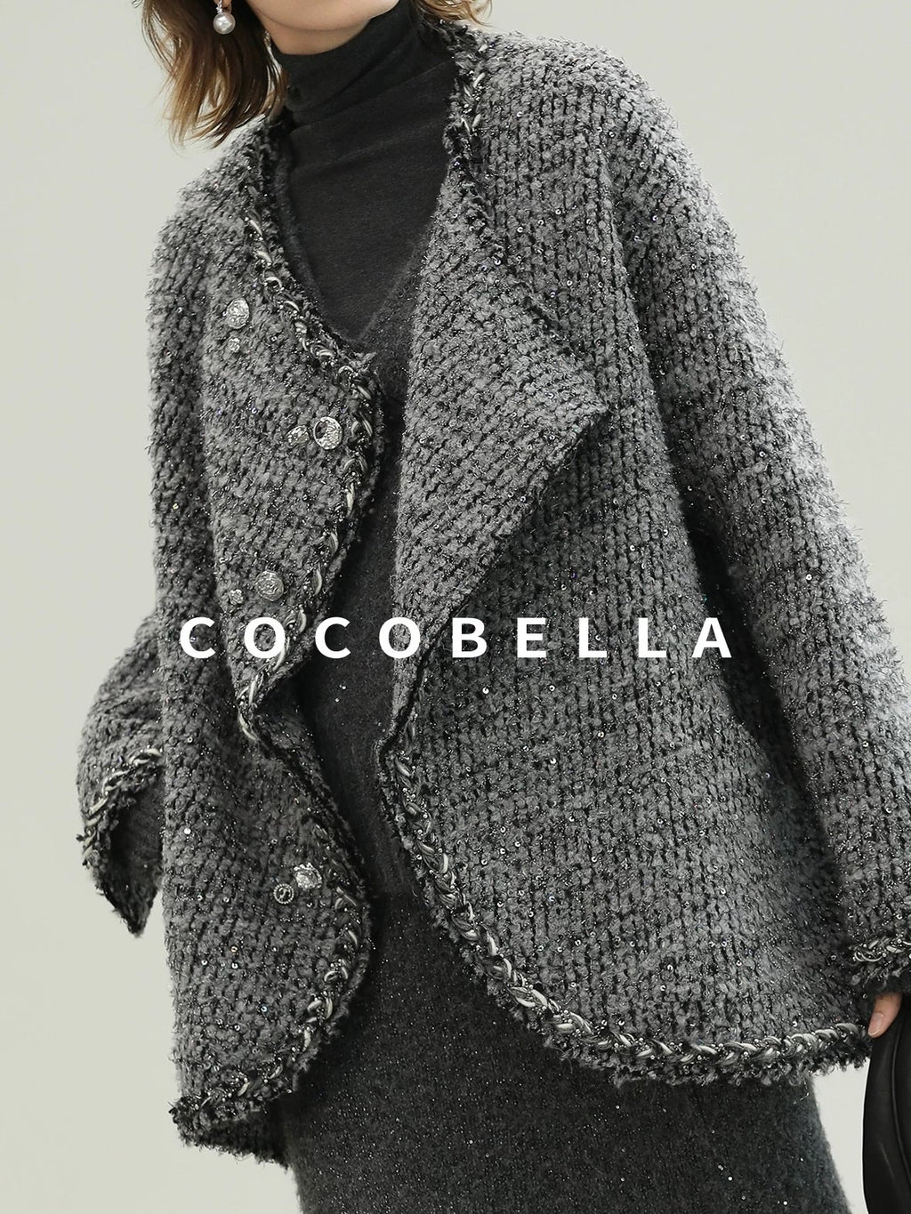 COCOBELLA Wool Blend Button Straight Fit Lapel Collar Office Sequin Paris Gray Coats