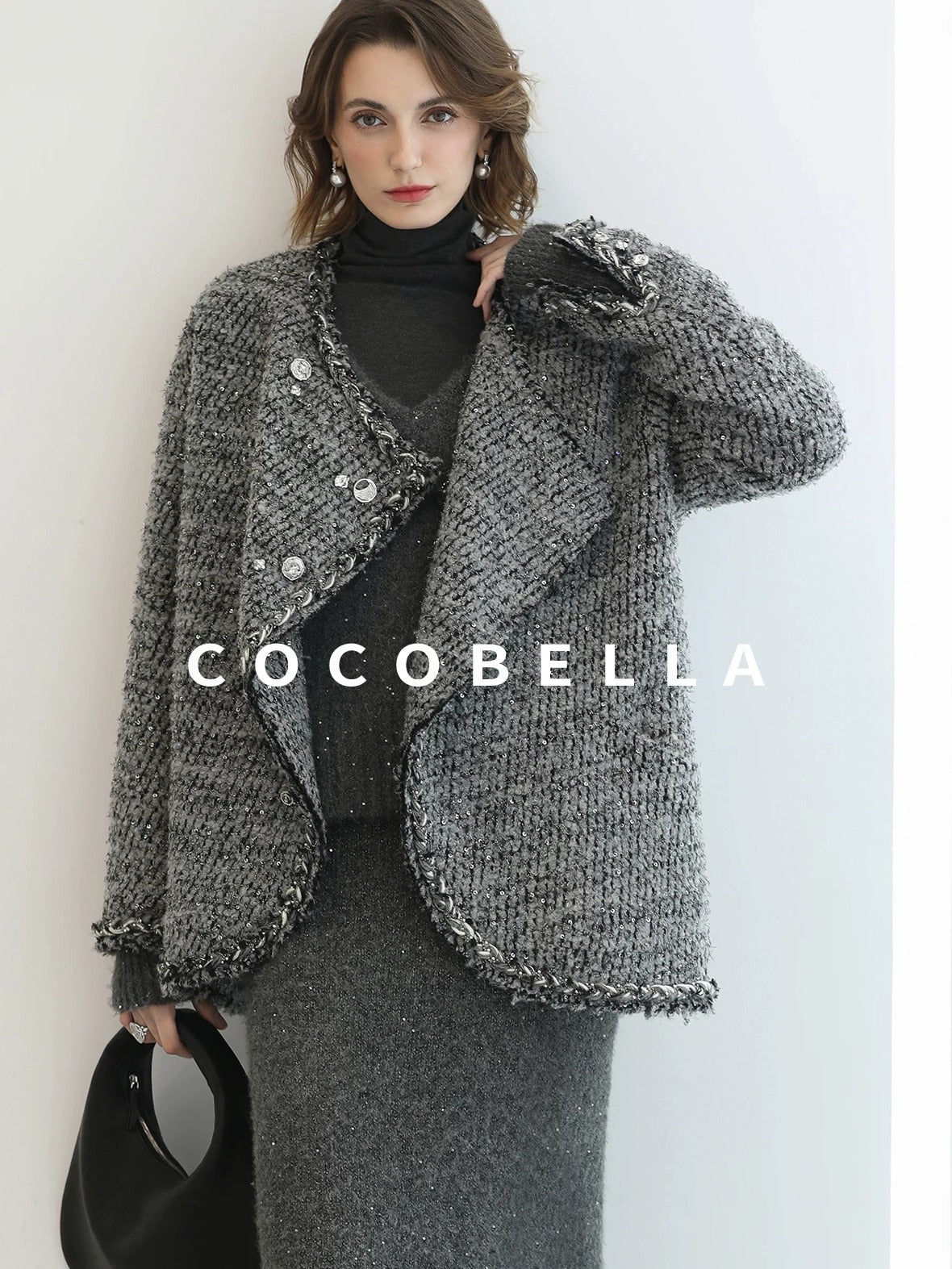 COCOBELLA Wool Blend Button Straight Fit Lapel Collar Office Sequin Paris Gray Coats