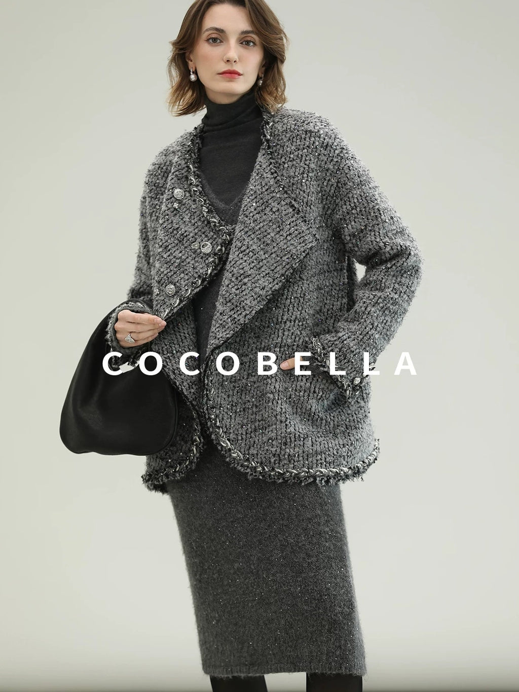 COCOBELLA Wool Blend Button Straight Fit Lapel Collar Office Sequin Paris Gray Coats