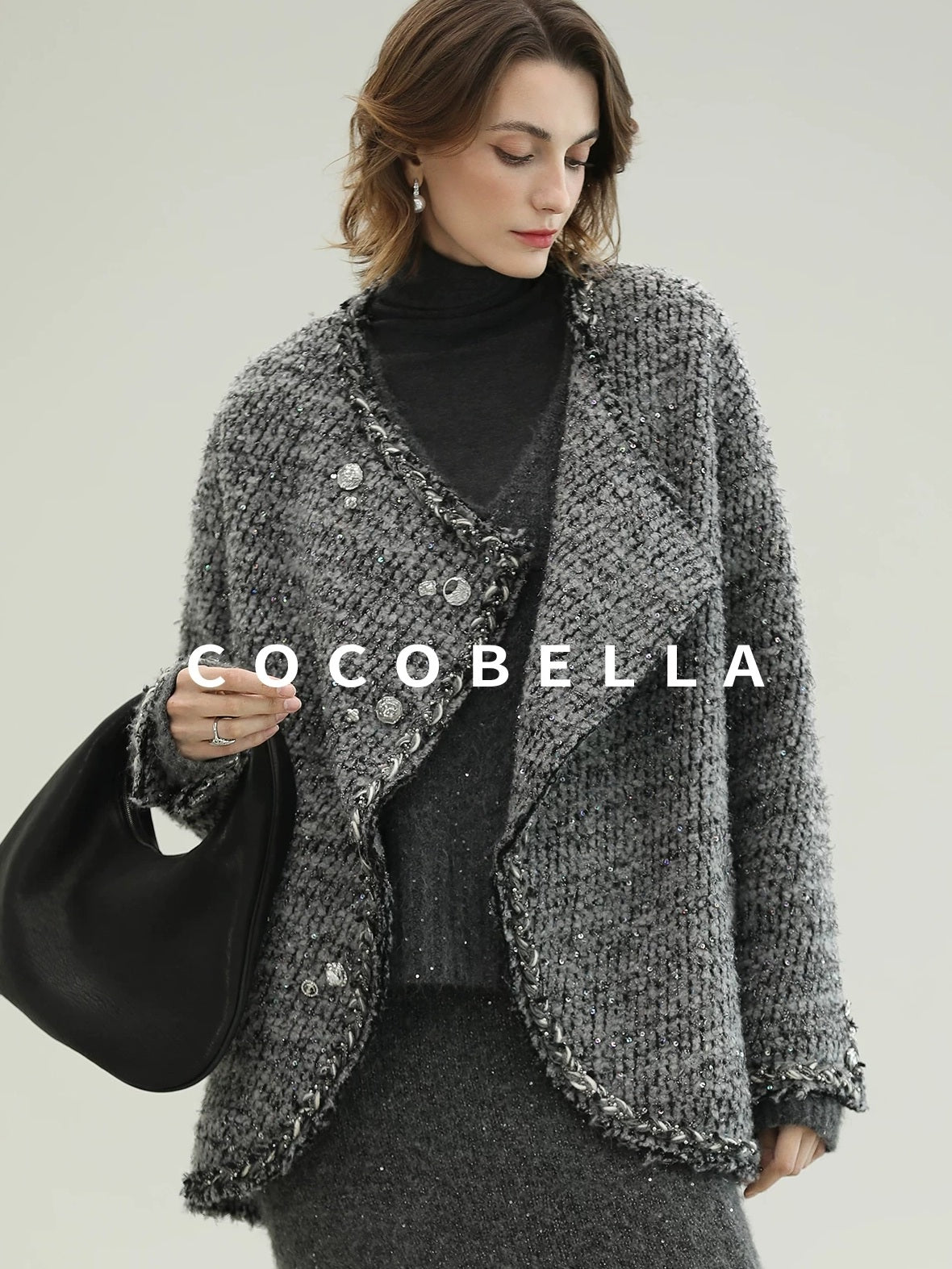 COCOBELLA Wool Blend Button Straight Fit Lapel Collar Office Sequin Paris Gray Coats