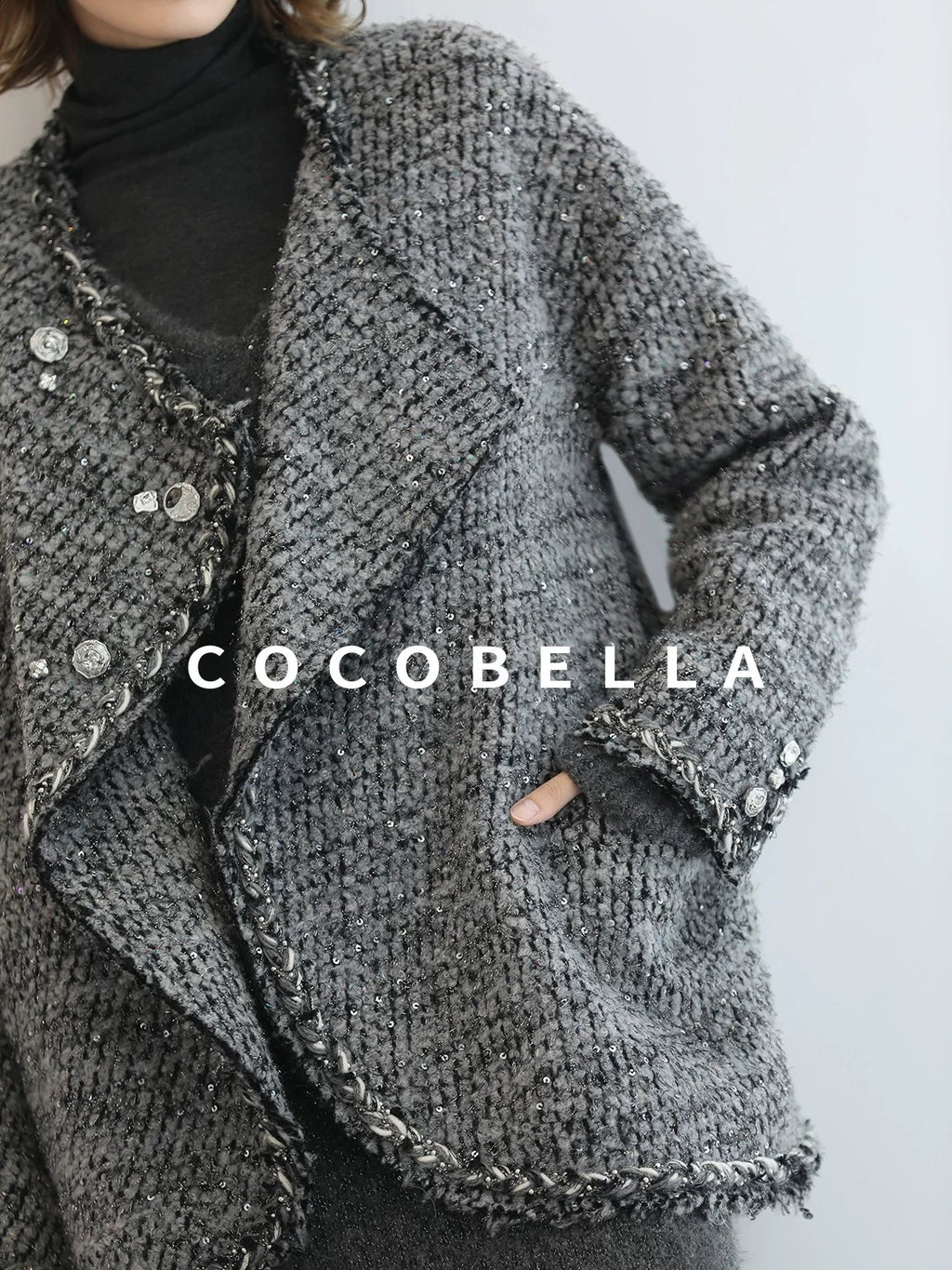 COCOBELLA Wool Blend Button Straight Fit Lapel Collar Office Sequin Paris Gray Coats
