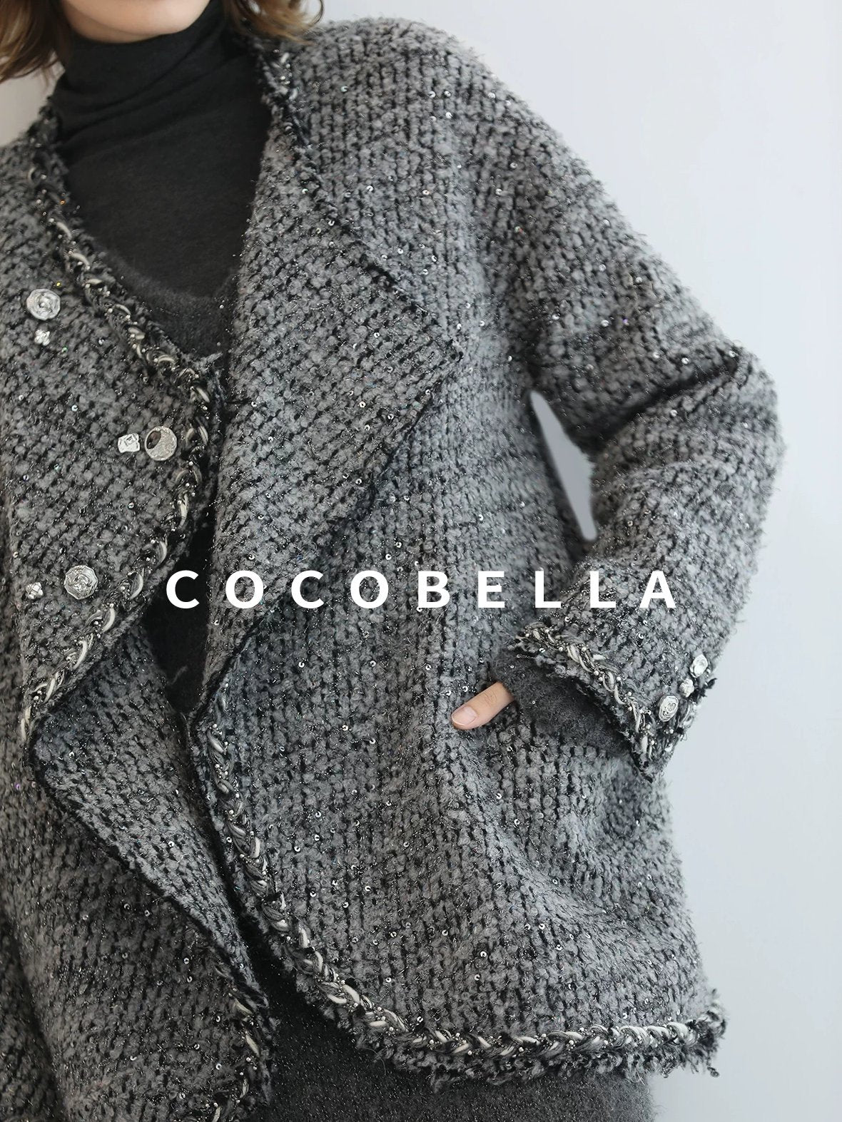 COCOBELLA Wool Blend Button Straight Fit Lapel Collar Office Sequin Paris Gray Coats