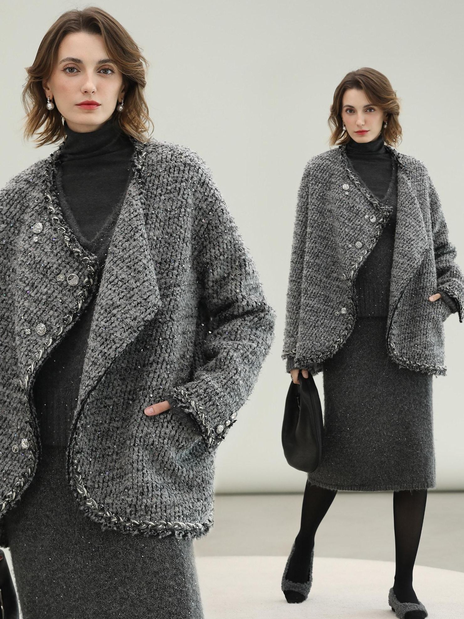 COCOBELLA Wool Blend Button Straight Fit Lapel Collar Office Sequin Paris Gray Coats