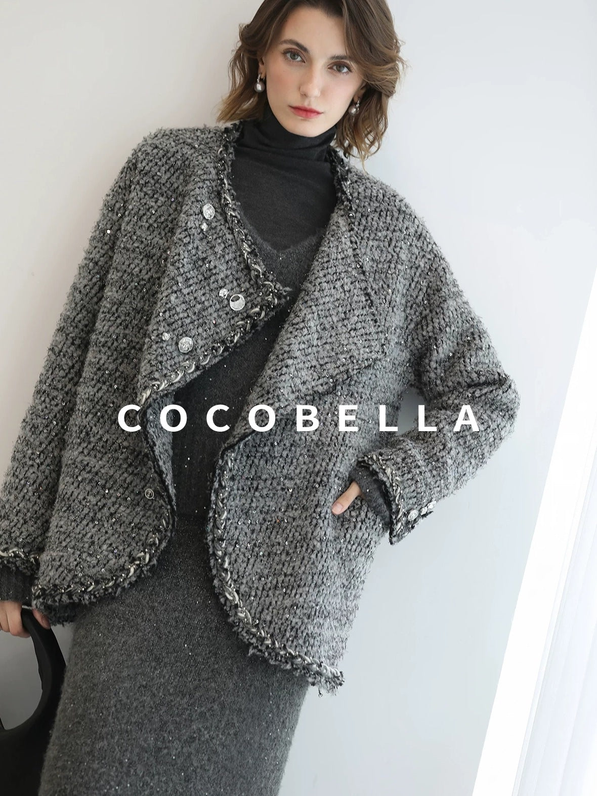 COCOBELLA Wool Blend Button Straight Fit Lapel Collar Office Sequin Paris Gray Coats