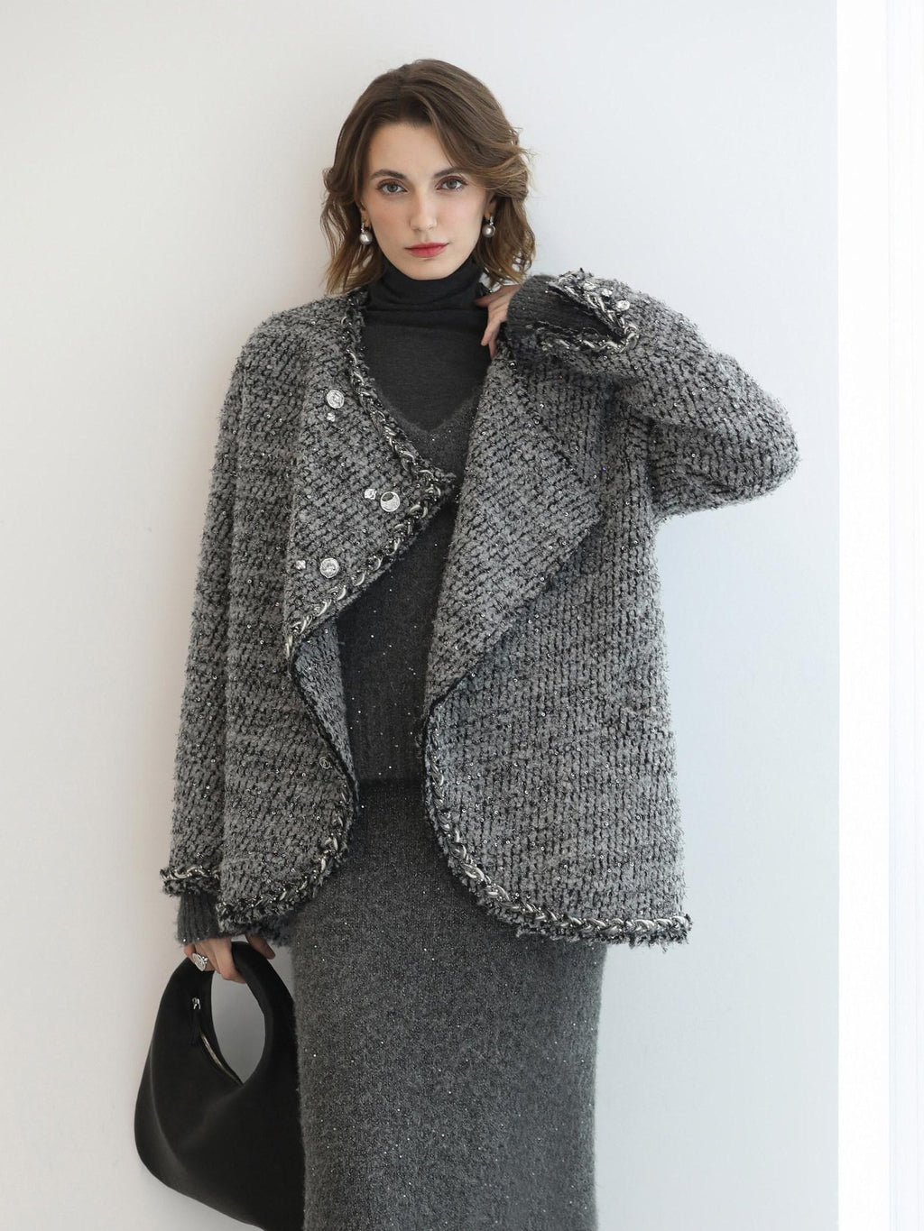 COCOBELLA Wool Blend Button Straight Fit Lapel Collar Office Sequin Paris Gray Coats